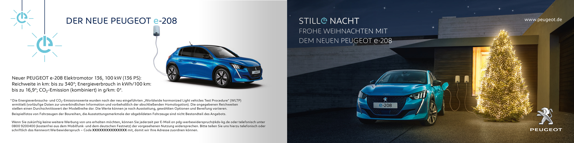 Weihnachts-Mailing Peugeot. Außenansicht mit Peugeot e308 neben Weihnachtsbaum bei Nacht