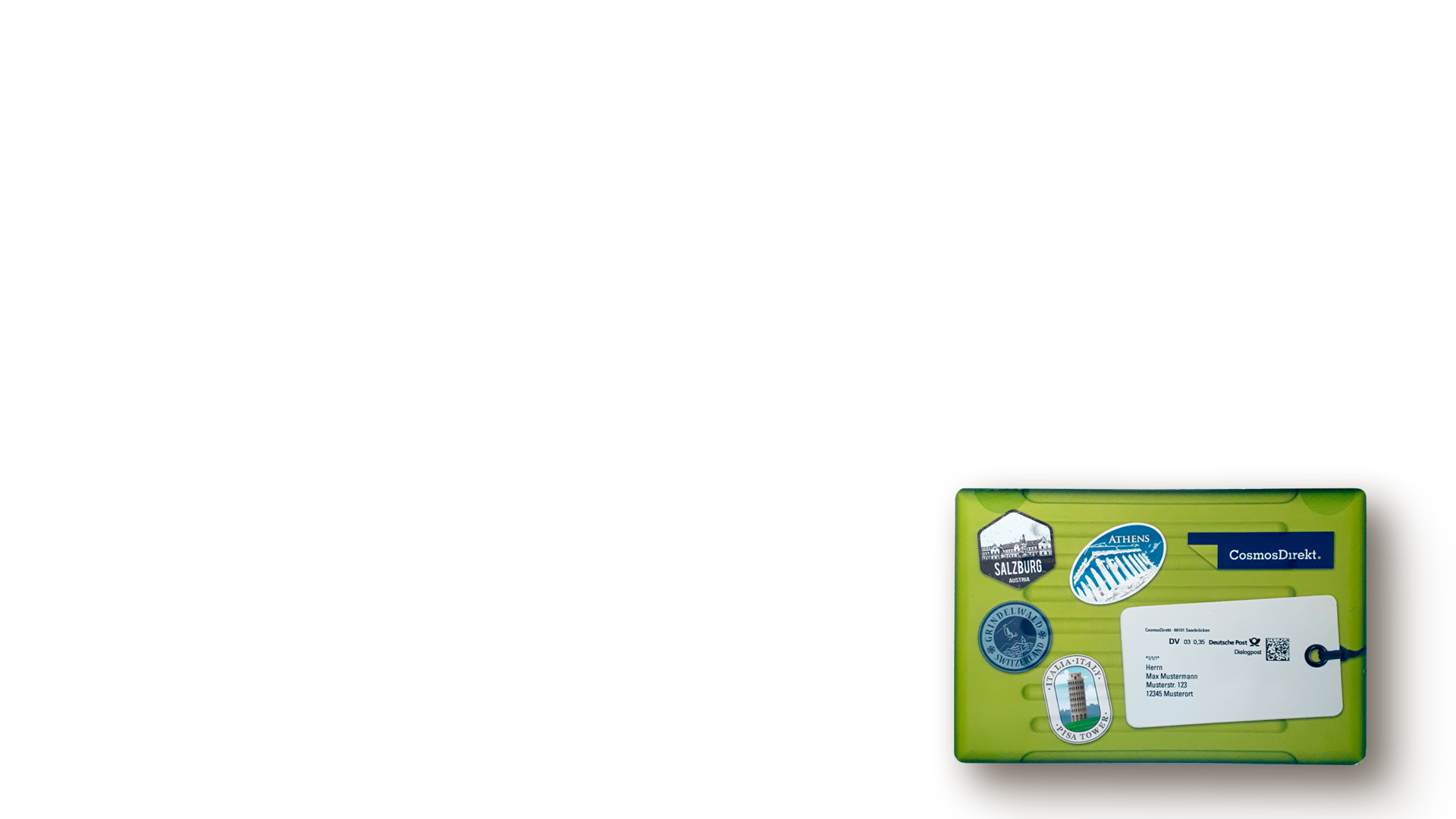 Urlaub: Titel des Urlaubsratgeber mit grünem Metallkoffer rechts unten vor transparentem Hintergrund