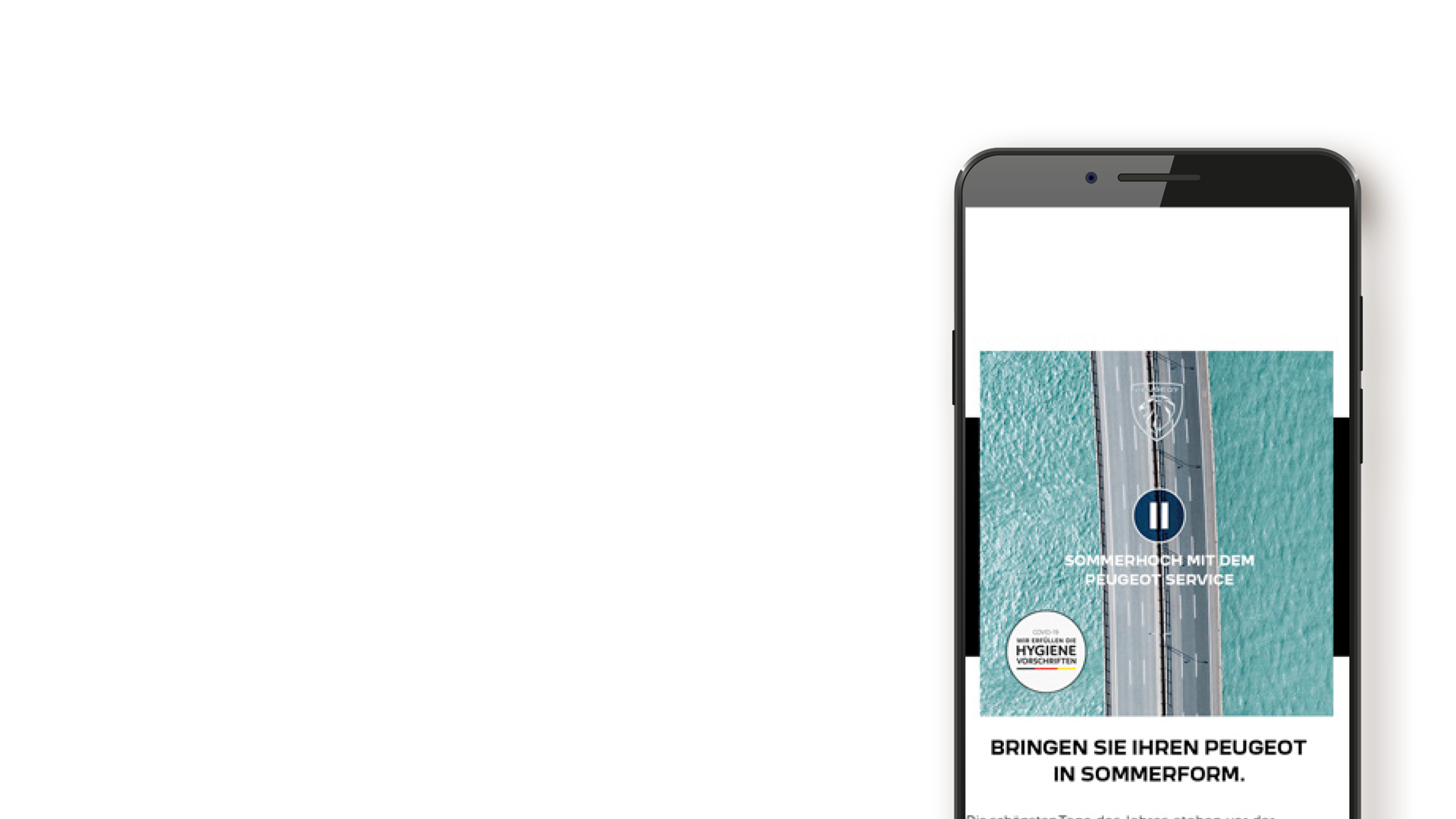 360° Kampagne. Peugeot Sommerkampagne als Display im Smartphone rechts vor transparentem Hintergrund