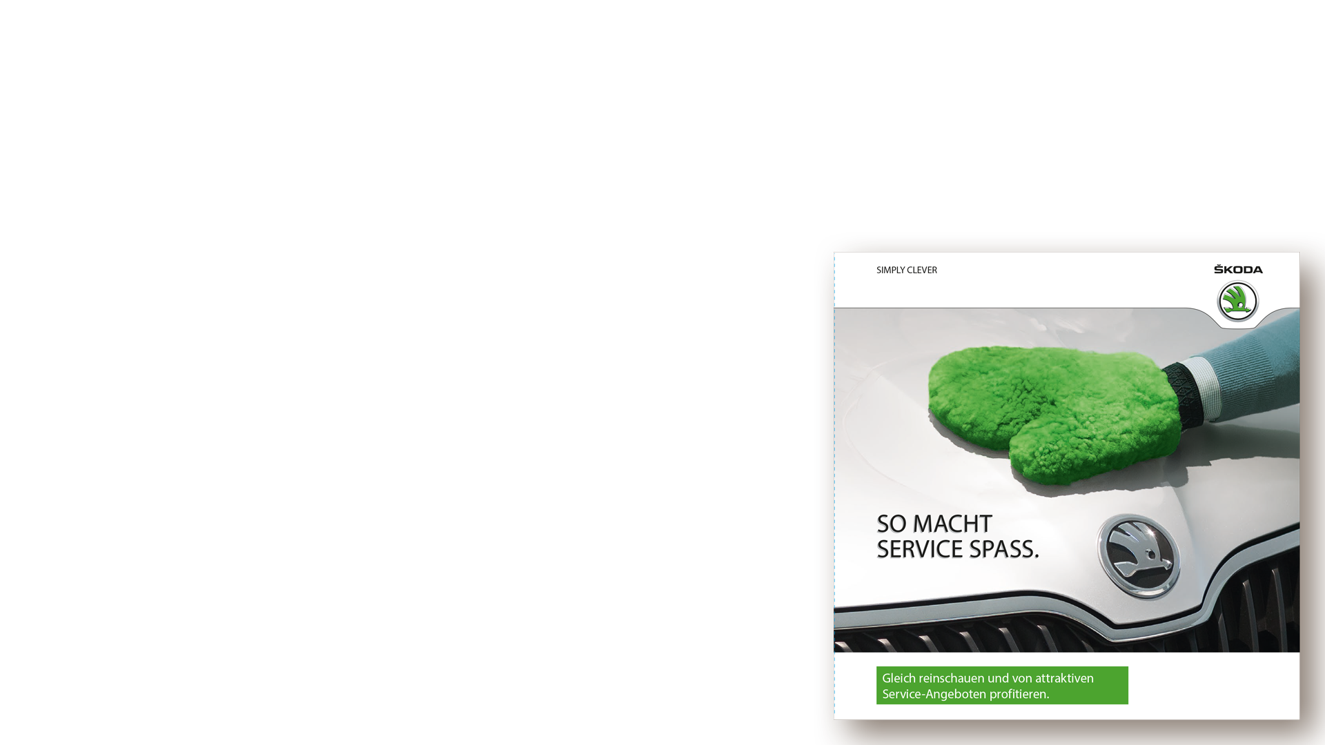 Skoda Wellnessmailing, Titel mit Massagehandschuh auf Motorhaube. rechts unten vor transparentem Hintergrund