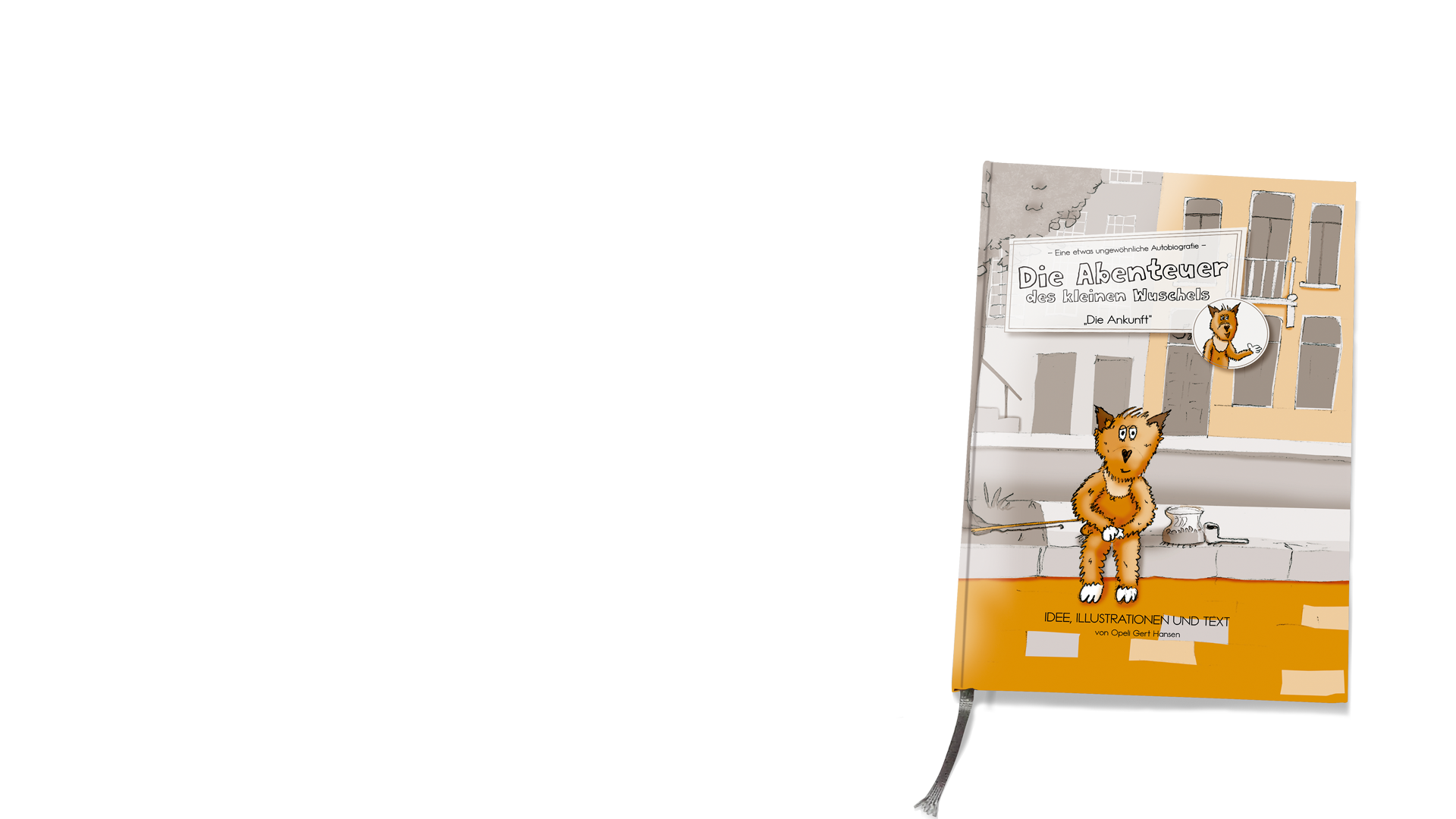 Illustrierter Hund an einer Pier. Kleine Ansicht vor transparentem Hintergrund rechts unten. Der Hund ist das Lieblingsstofftier meiner Enkeltochter