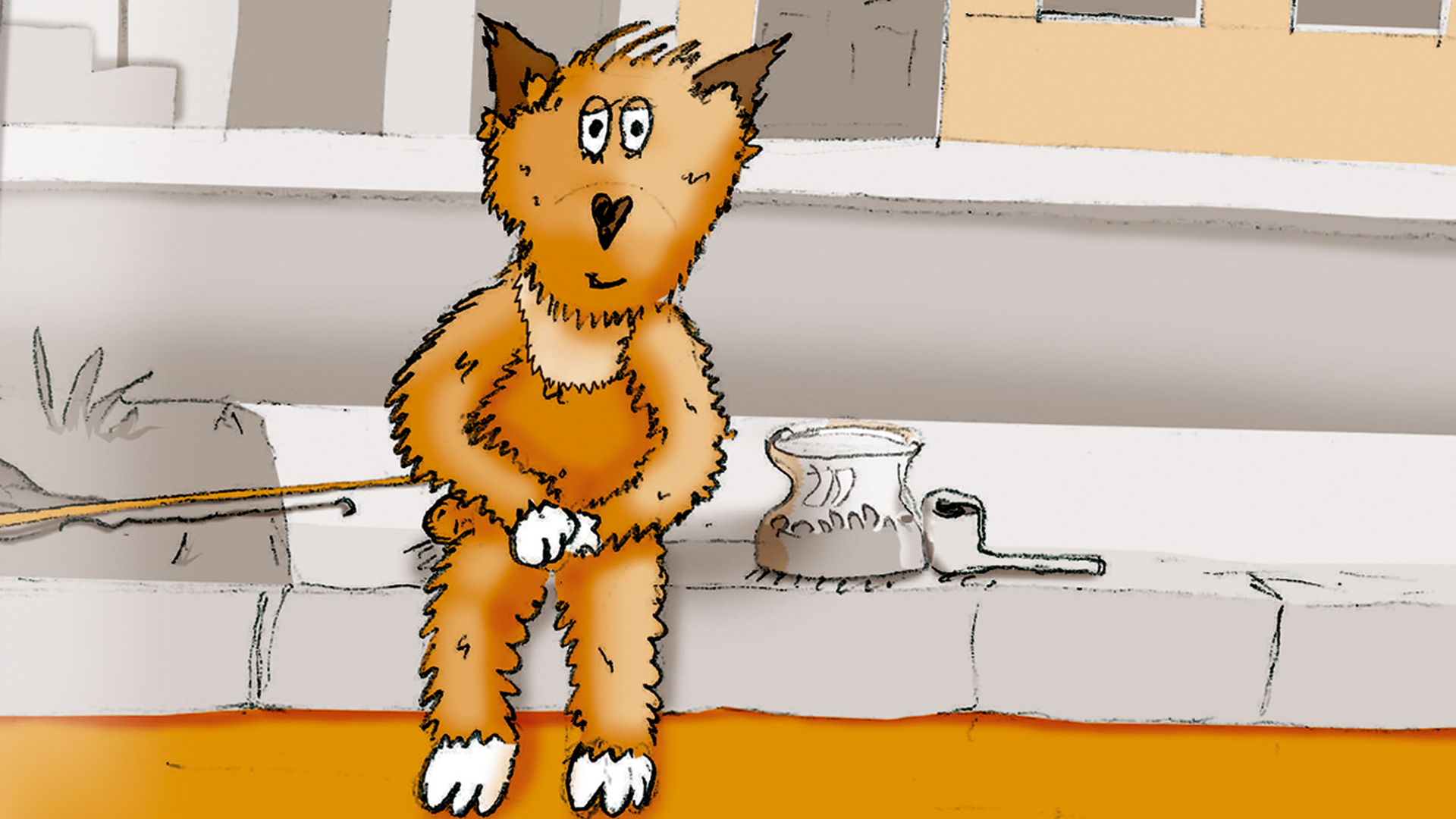 Illustrierter Hund an einer Pier. Der Hund ist das Lieblingsstofftier meiner Enkeltochter.