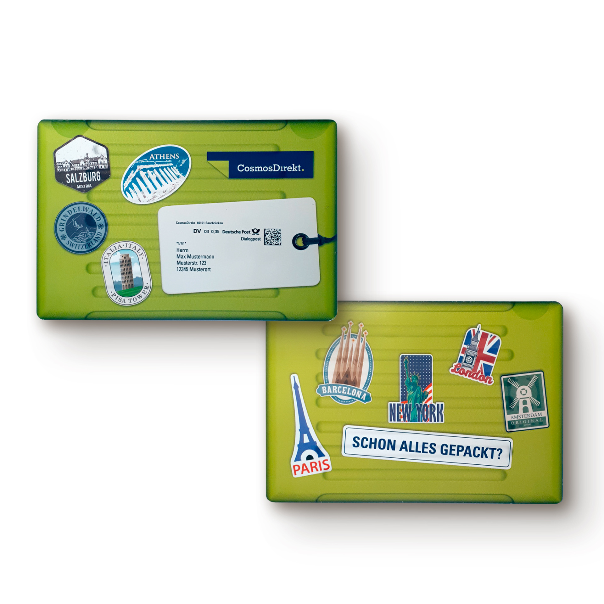 Urlaubsratgeber in als Mailing in Gestaltung und Form eines Reisekoffers. Außenansicht. Man sieht auf einem grünen Metallkoffer Reiseaufkleber