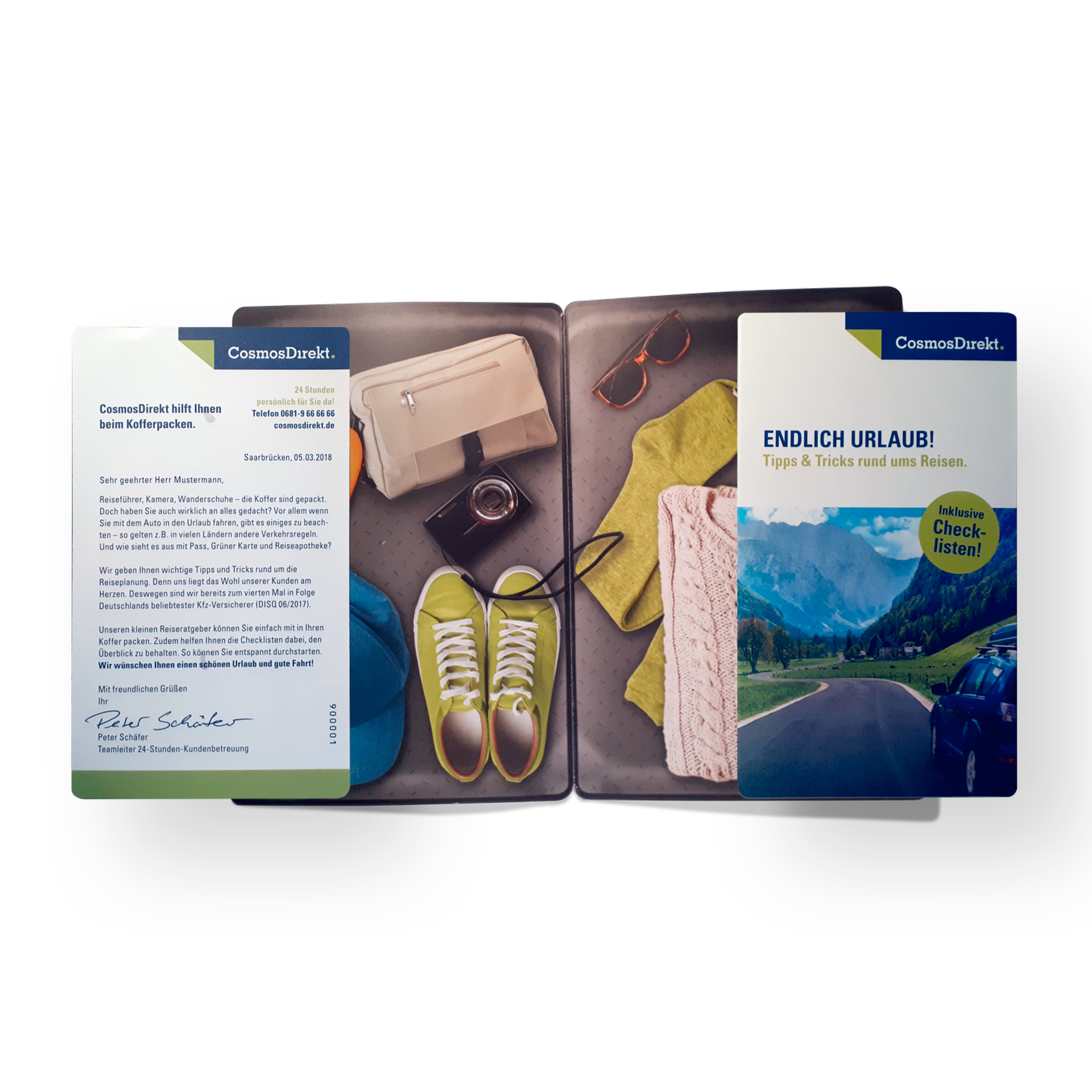 Urlaubsratgeber in als Mailing in Gestaltung und Form eines Reisekoffers mit Utensilien für den Sommerurlaub. Dazu anschreiben und Flyer