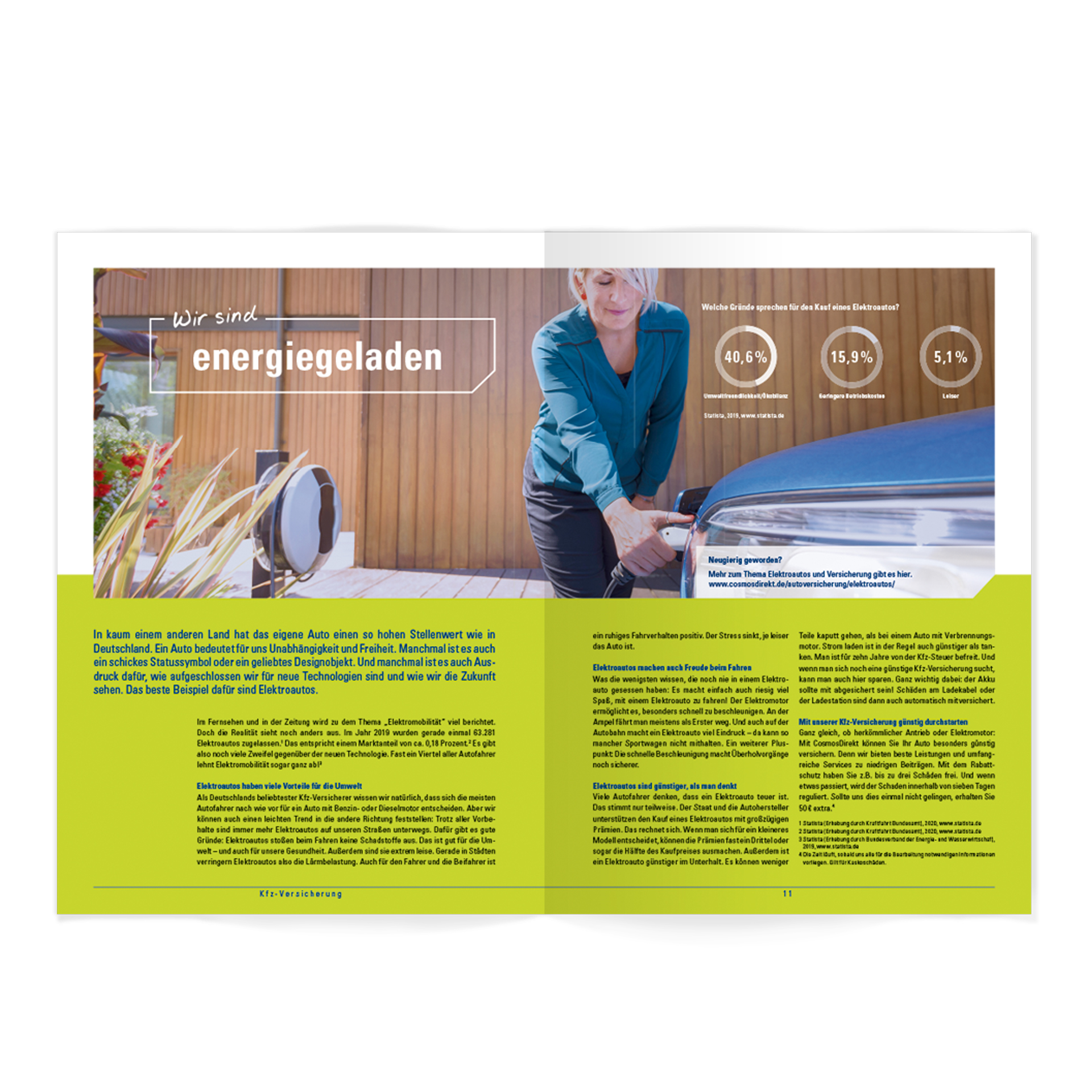 Versicherung: Innenseiten-Welcome-Mailing. Frau lädt eAuto.