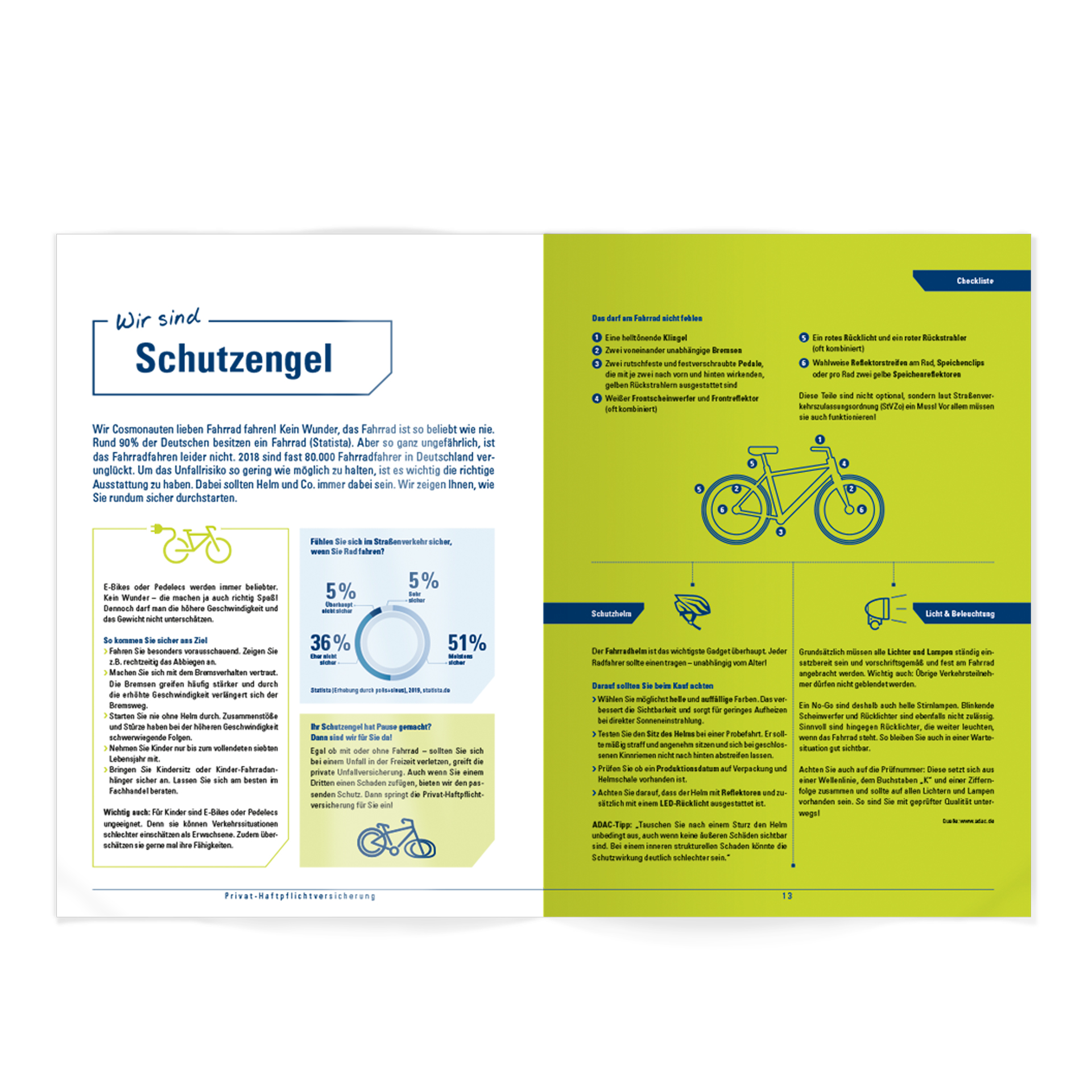Versicherung: Innenseiten-Welcome-Mailing. Fahrräder und Infografiken
