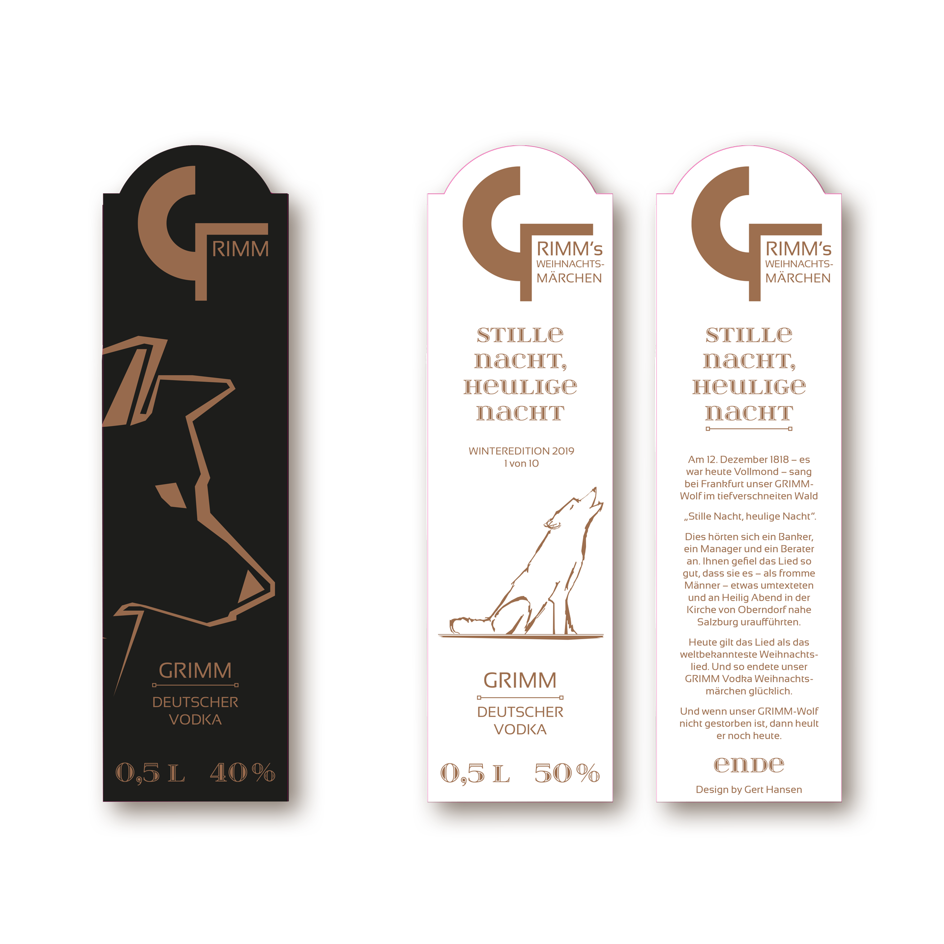 3 Etiketten für eine neue Vodka-Marke. Mit illustrierten Wölfen