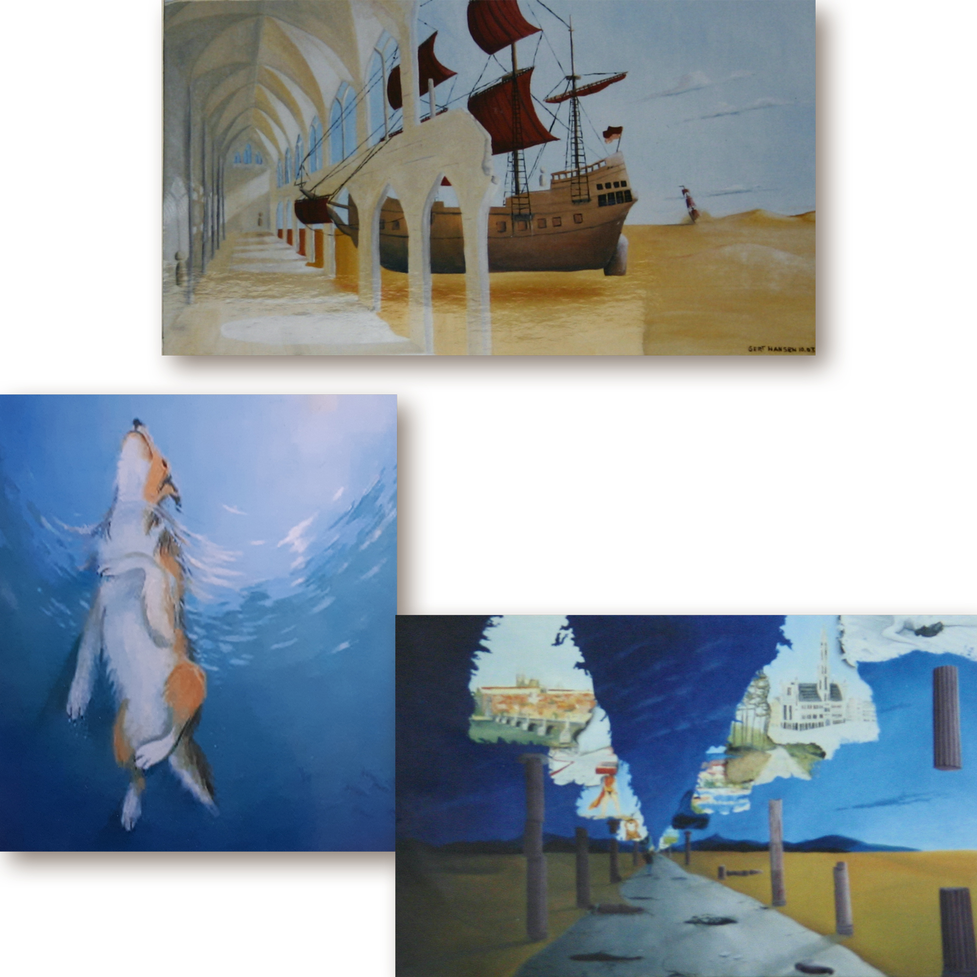 Kunst: 3 Ölbilder: Oben: Segelschiff und Kirchenruine, Mitte schwimmender Collie von unten, Allee mit abstrakten Bäumen, deren Kronen Erinnerungen sind