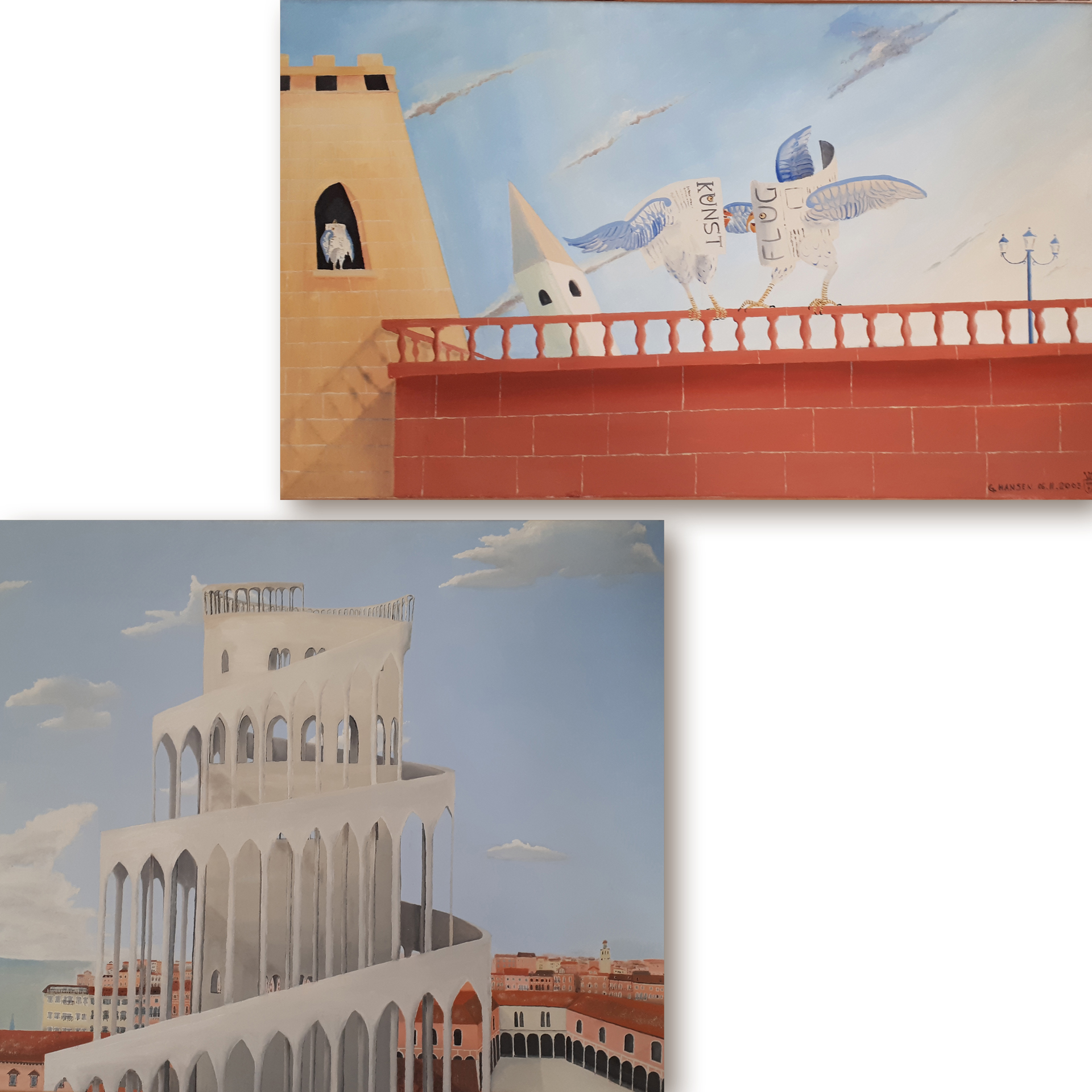 Kunst: 2 Ölbilder. Oben 2 Fabelwesen in Vogelform vor einer venezianischen Stadtzene. Unten: einen Spiralen-Turm mit einer Renaisssance Stadt