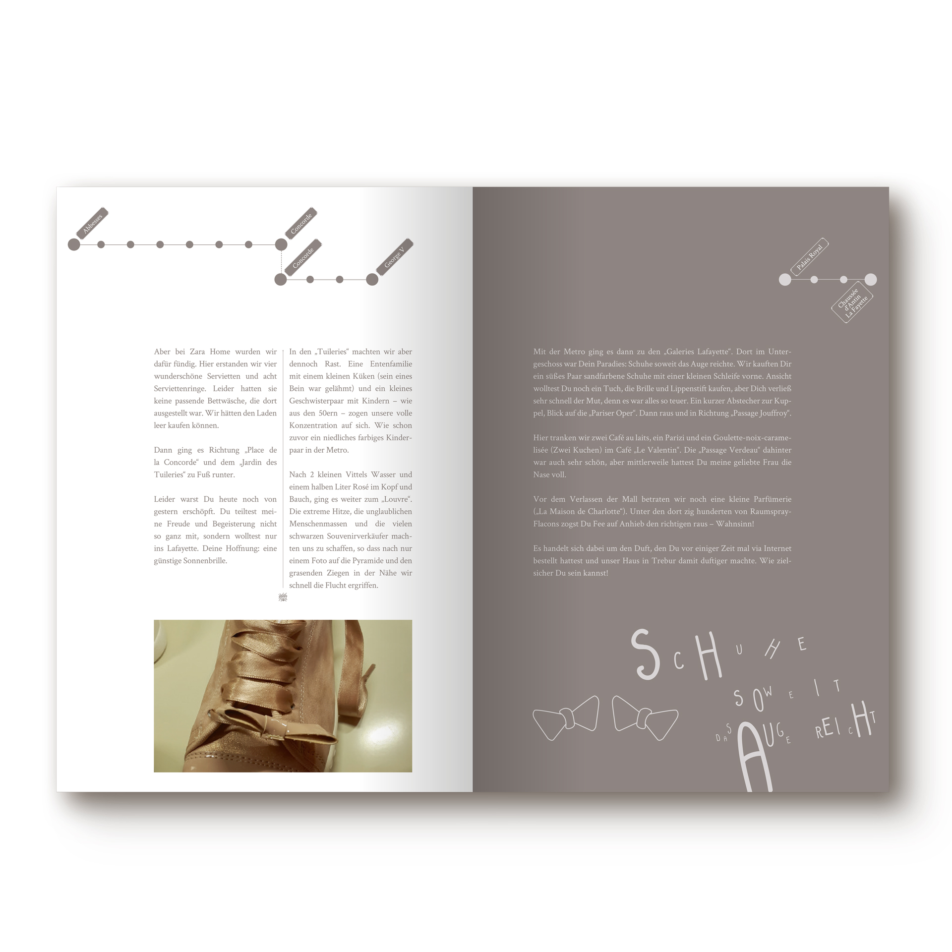 Reisebuch Paris, links unten eine kleine Abbildung und Nahaufnahme eines Damenschuhs. Sonst Text und grafische Elemente, wie die Metrolinie