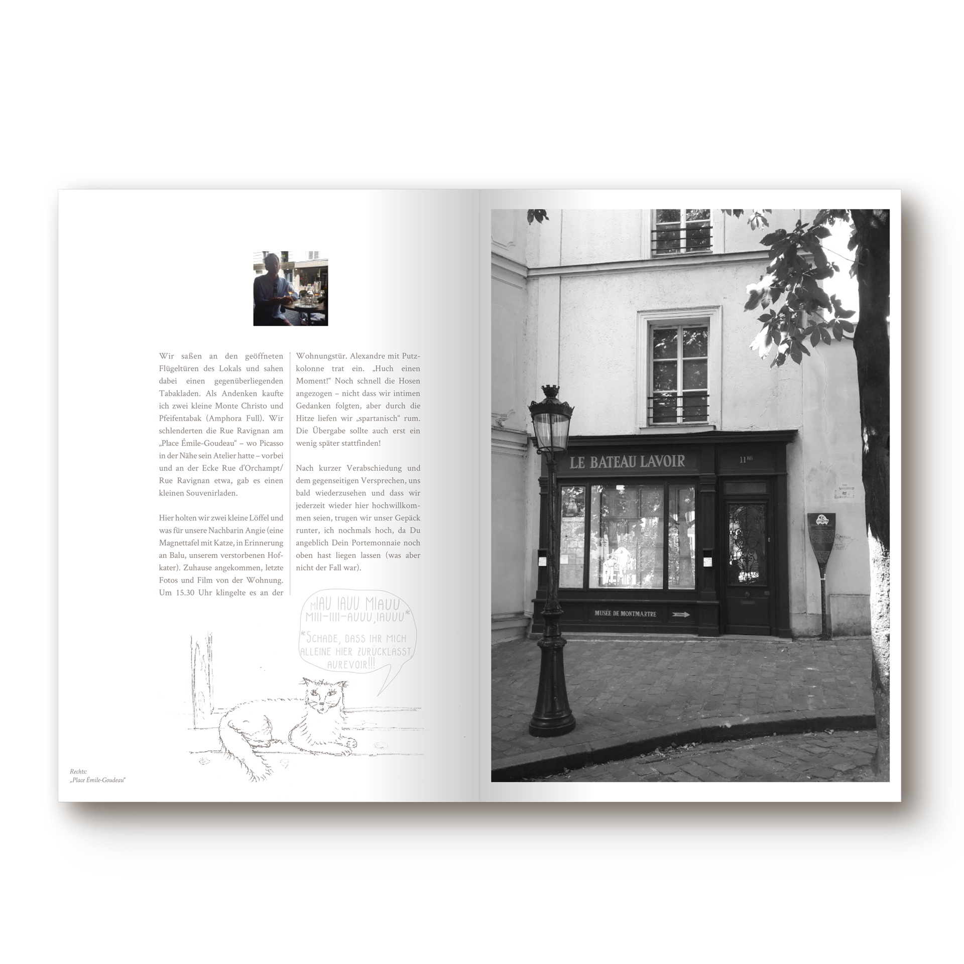 Reisebuch Paris, rechts eine Schwarz weiß Aufnahme eines Ladens mit Laterne im Vordergrund. Links: eine illustrierte Katze und Text