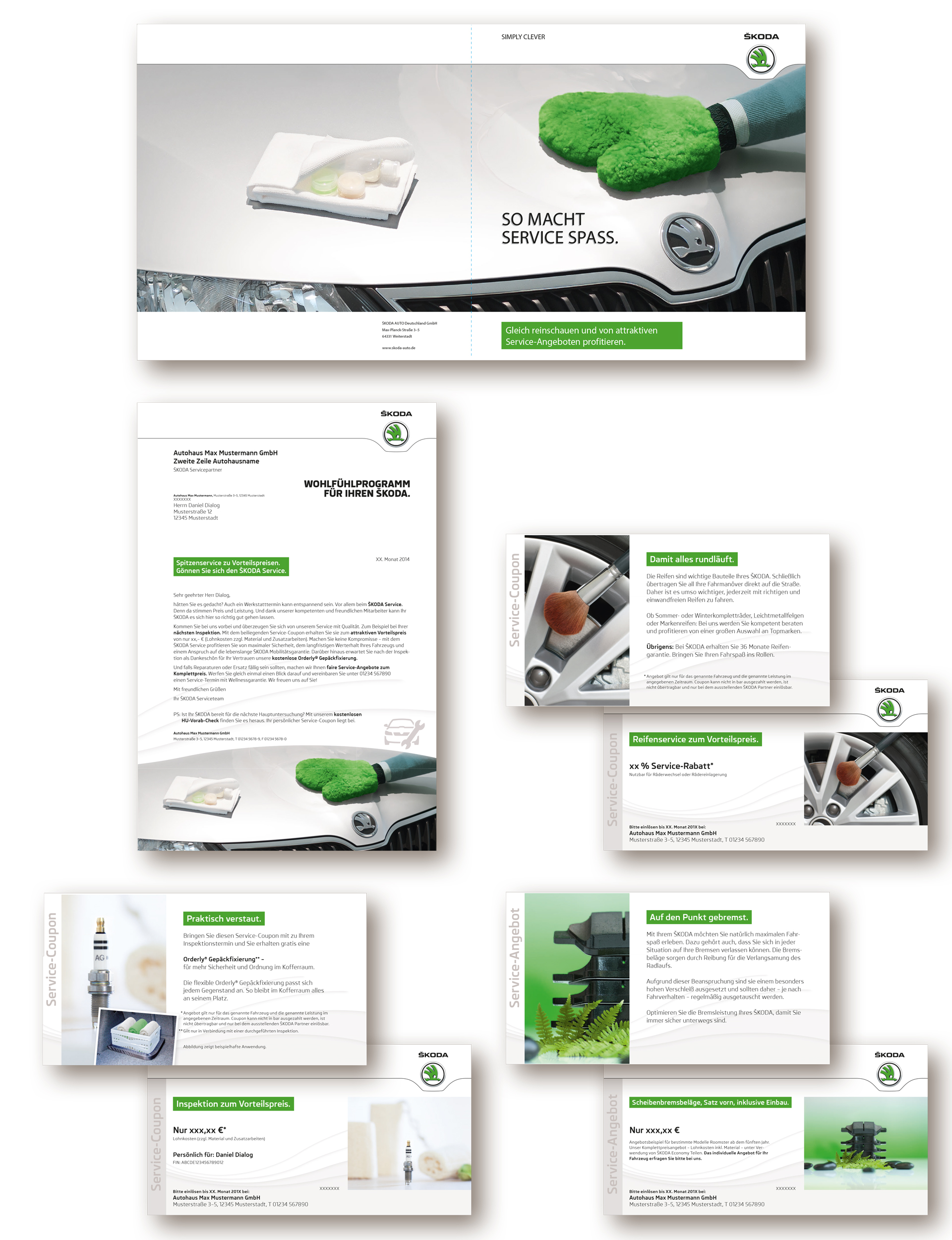 Skoda Wellness für das Auto. Mailing mit Anschreiben und Coupons. Die Motive zeigen typische Auto Verschleissteile in Kombination mit Wellness-Artikeln (Tuch, Pinsel, Öl etc.)