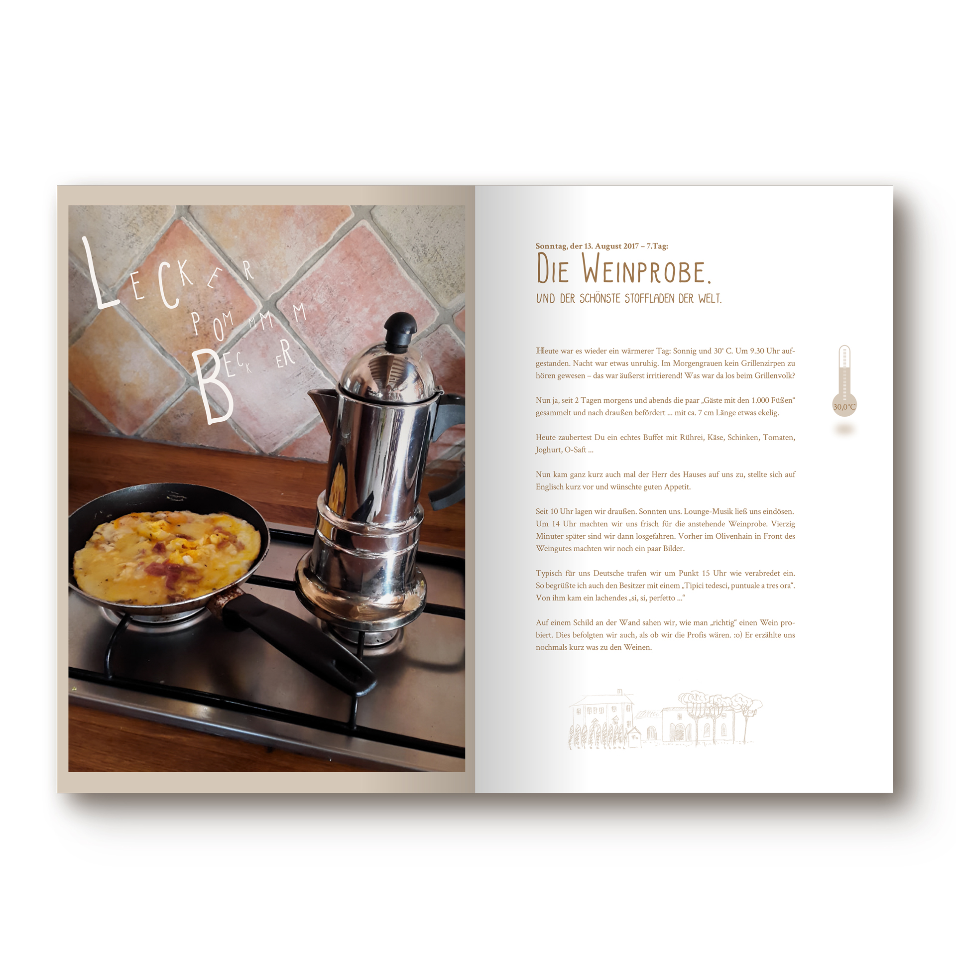 Reisebuch Toskana, links sieht man eine Pfanne mit Rührei und einem Kaffeekocher