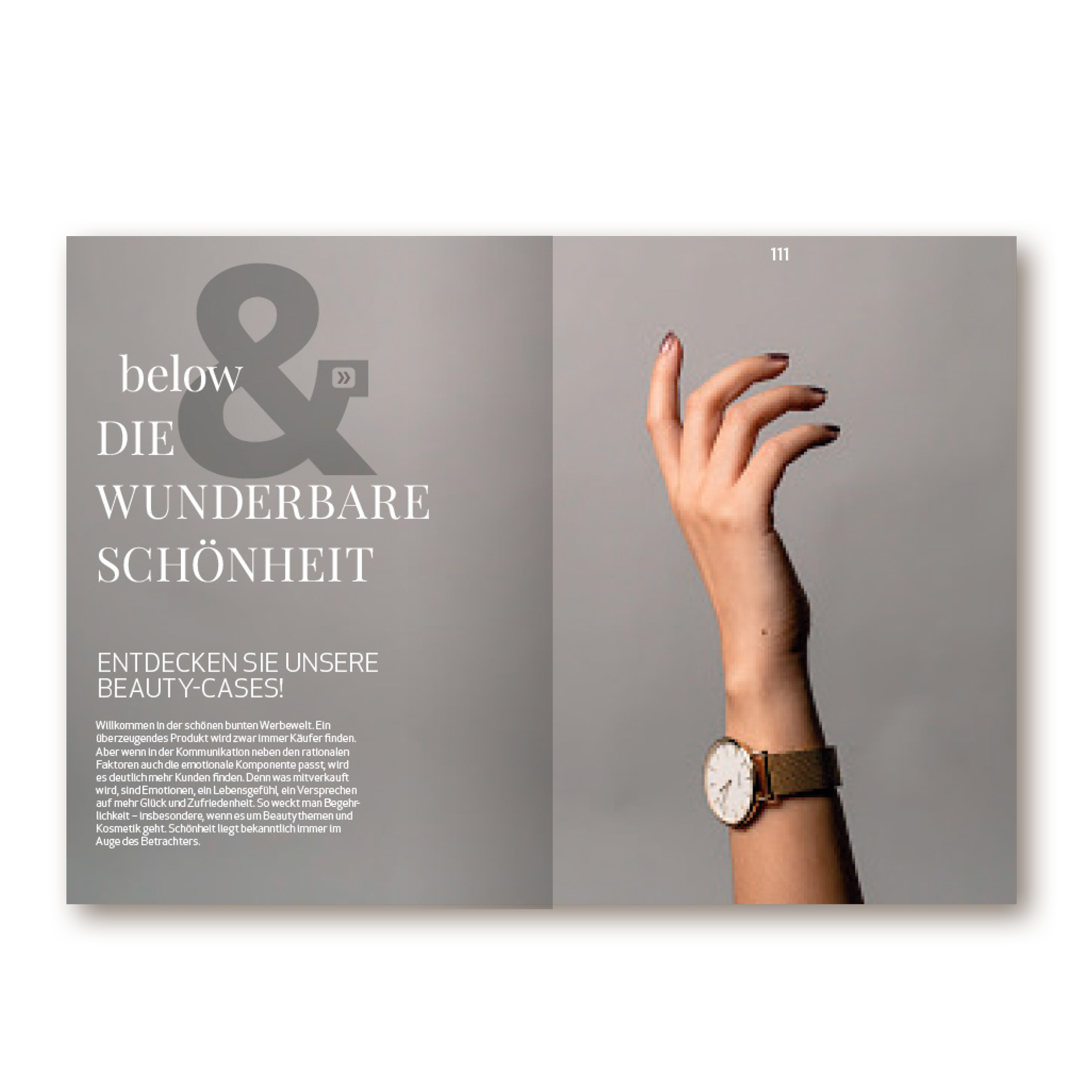Brandbook der Firma below GmbH Mainz. Rechts ausgetreckte Hand mit Uhr