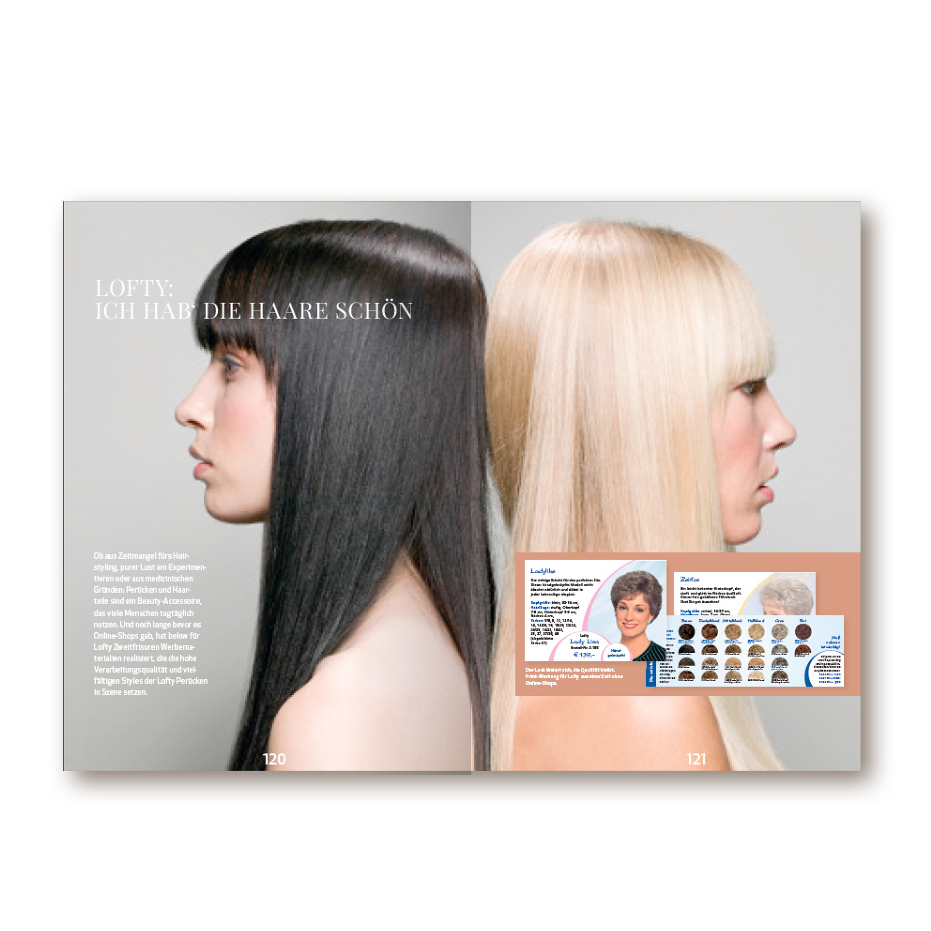 Imagebuch der Firma below GmbH Mainz. 2 Frauen lehen Rücken an Rücken und tragen lange perrücken (schwarz und blond)