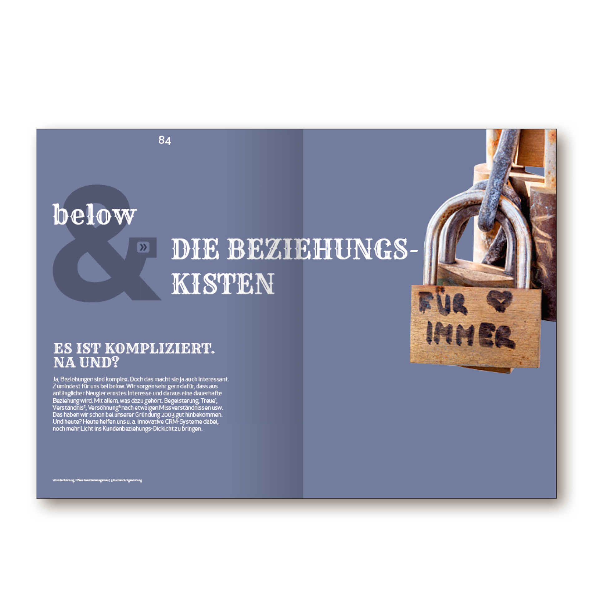 Brandbook der Firma below GmbH Mainz. Rechts Vorhängeschlösser vor lila Hintergrund