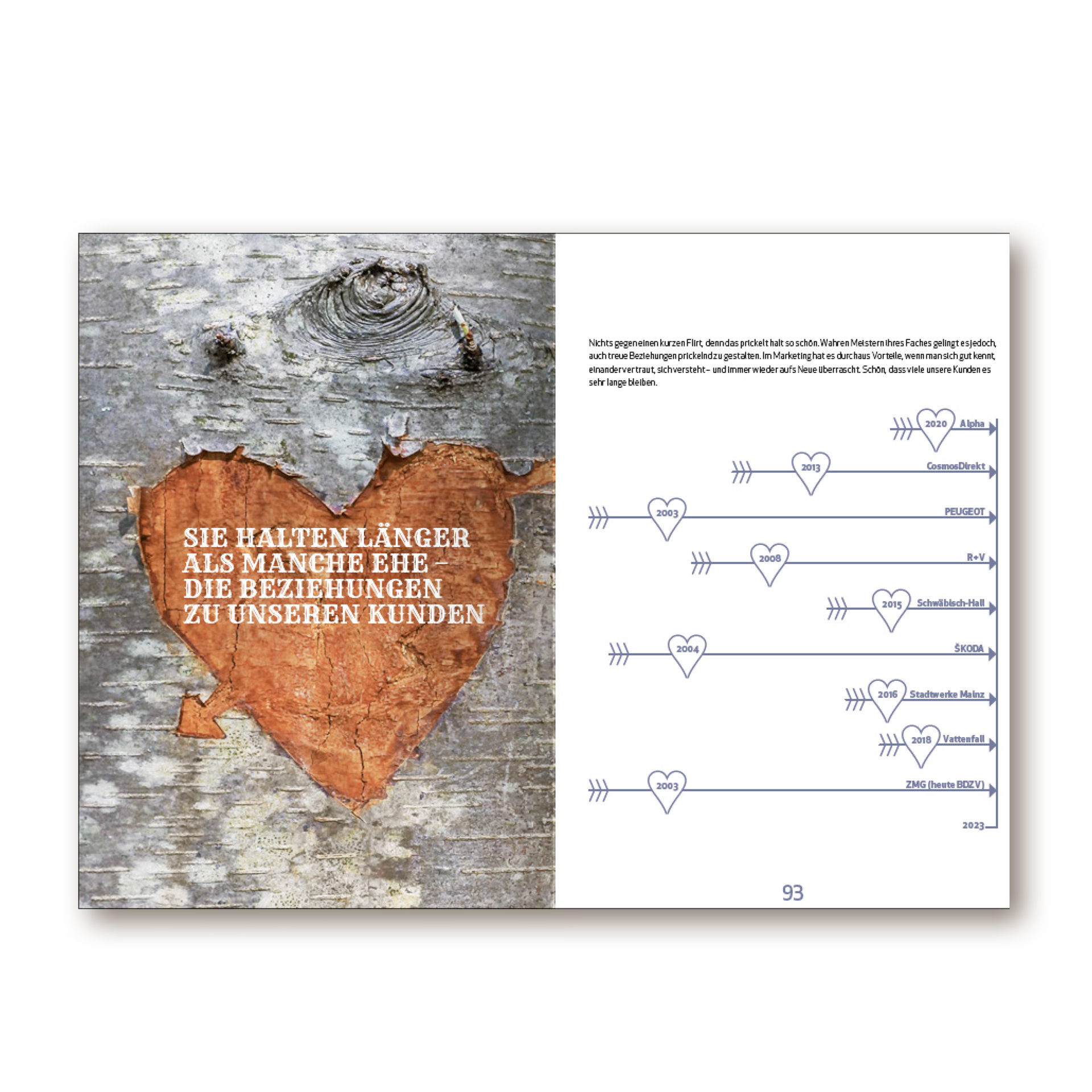 Imagebuch der Firma below GmbH Mainz. Links Herz in Baumrinde Rechts Infografiken
