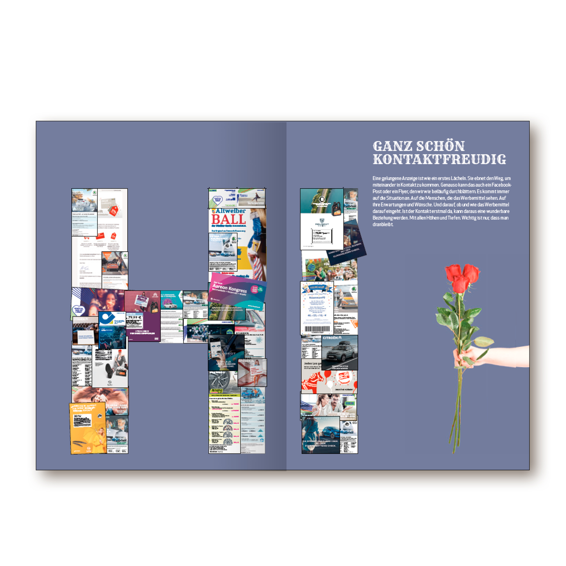 Imagebuch der Firma below GmbH Mainz. Grosses HI aus zig kleinen Zeitungen zusammengebaut. Rechts Hand mit Rose