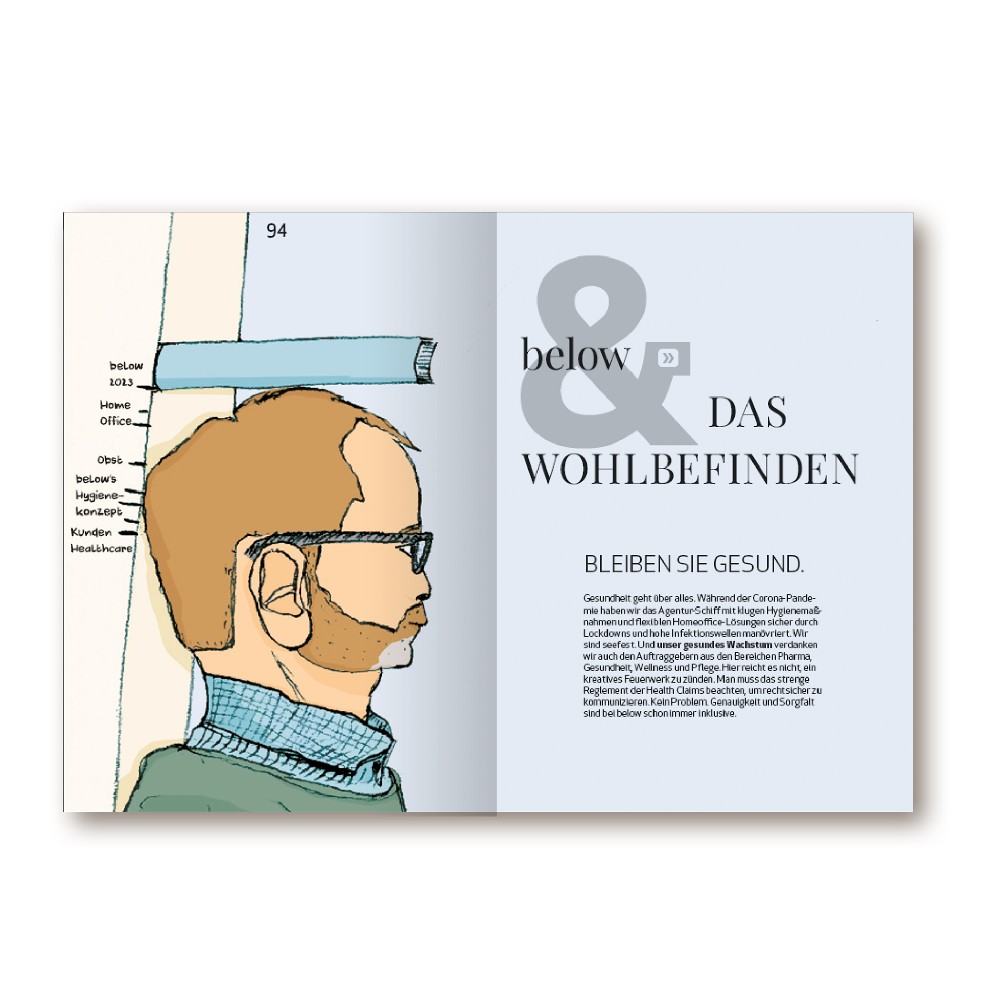 Brandbook der Firma below GmbH Mainz. Links ein illustrieter Mann mit Buch auf dem Kopf und am Türrahmen lehnend