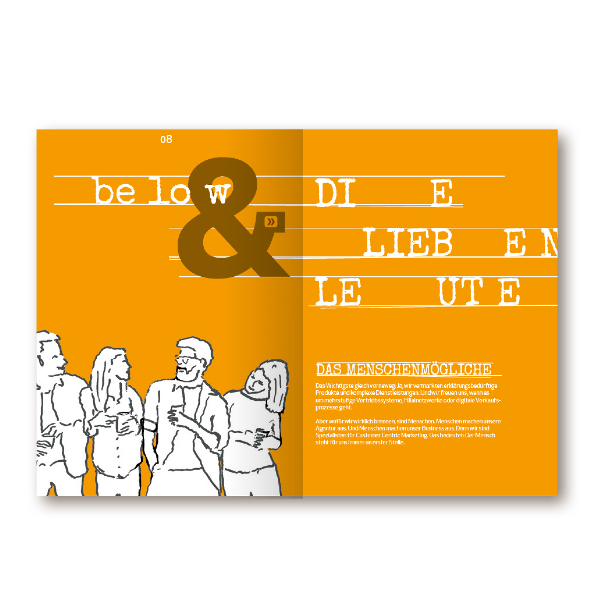 Imagebuch der Firma below GmbH Mainz. Auf orangem Hintergrund illustrierte Menschen