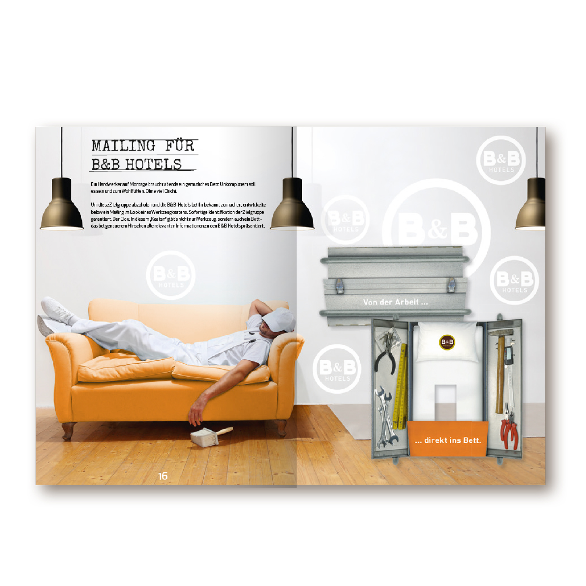 Imagebuch der Firma below GmbH Mainz. Man sieht einen Malermeister auf einem orangen Sofa liegend