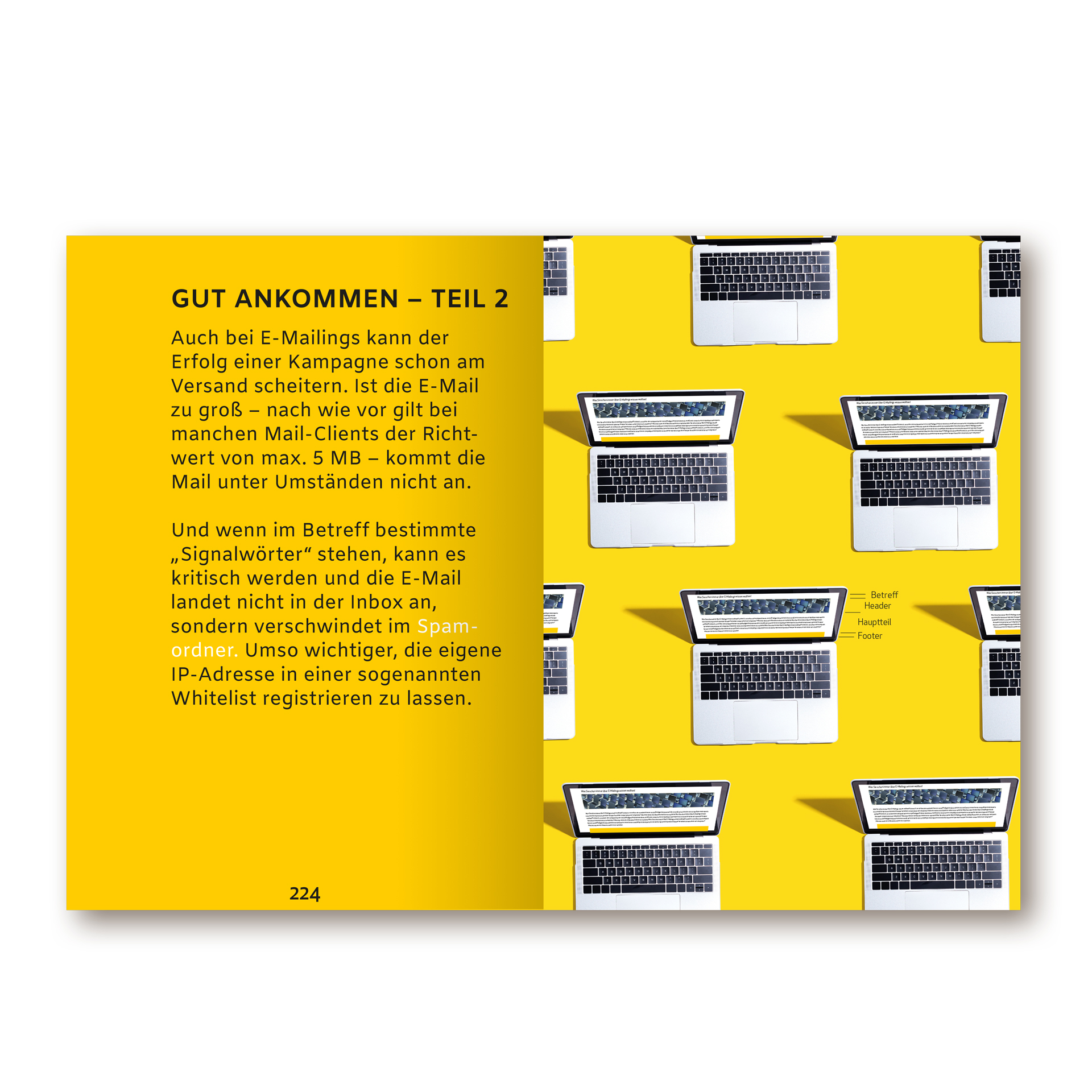 Imagebuch der Firma below GmbH Mainz. Man sieht auf gelbem Hintergrund rechts lauter Laptops von oben. Links grosse Typografie
