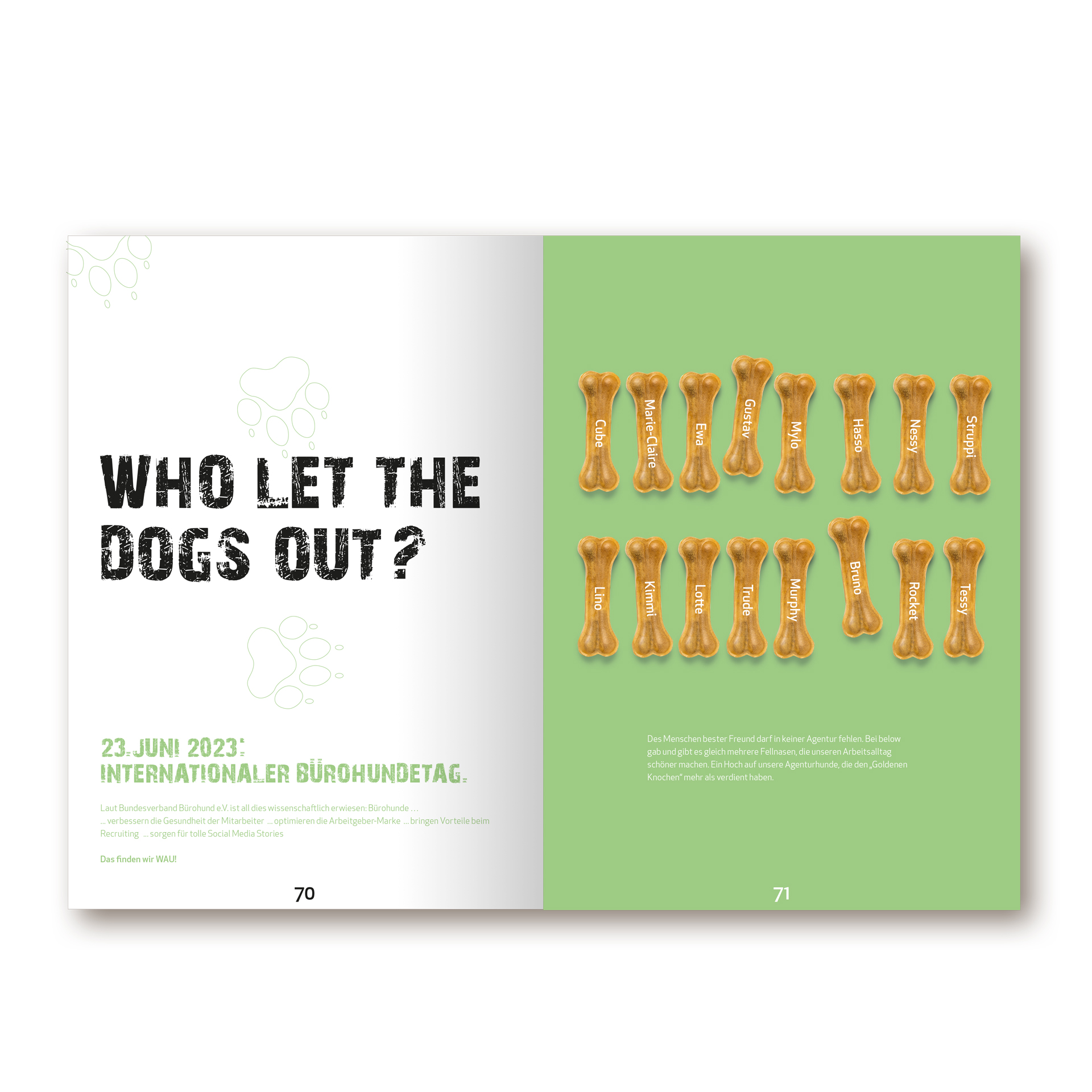 Imagebuch der Firma below GmbH Mainz. Man sieht rechts lauter Hundeknochen