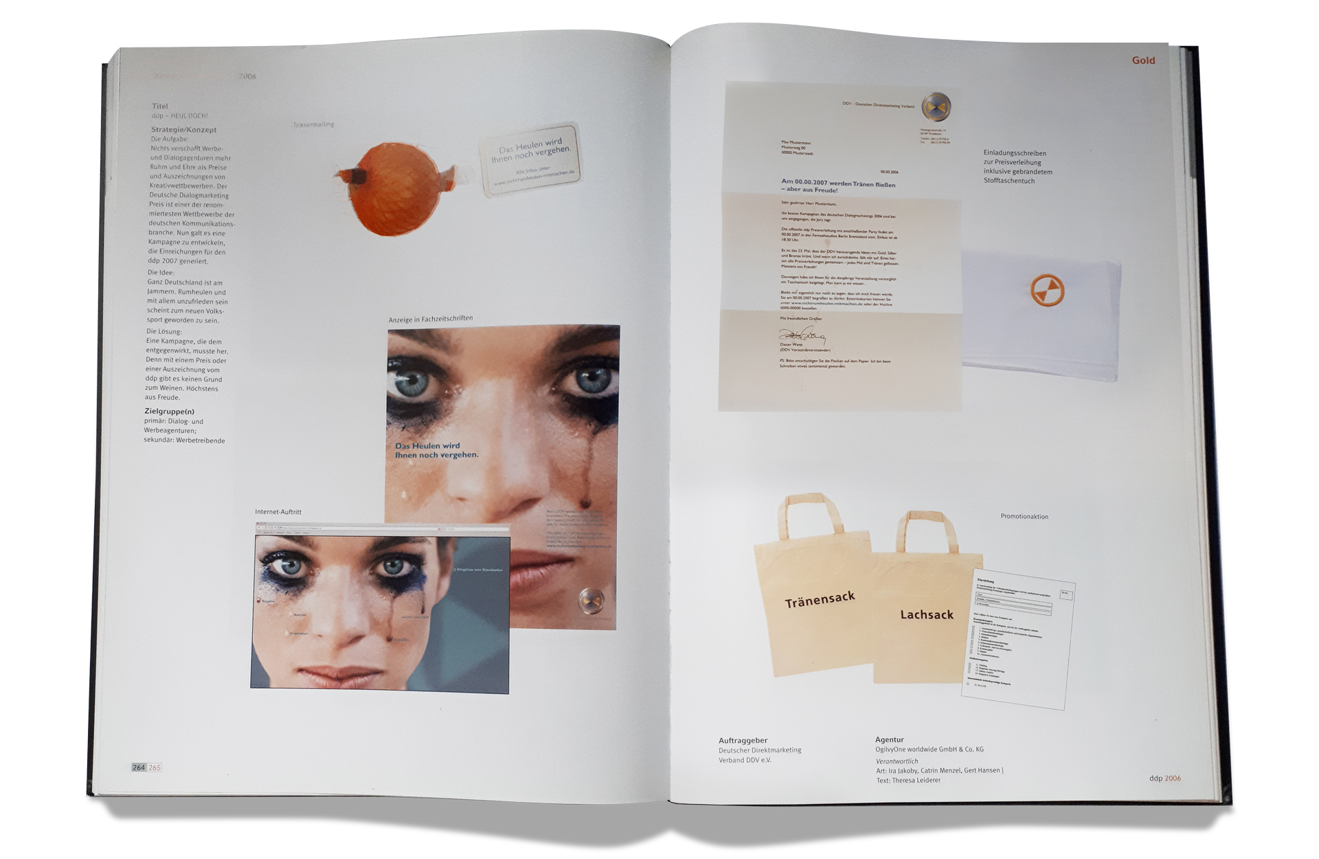 DDP: Aufgeschlagenes Buch mit verschiedenen Abbildungen zu einer Marketing Kampagne (heulende Augen, Zwiebel usw.)