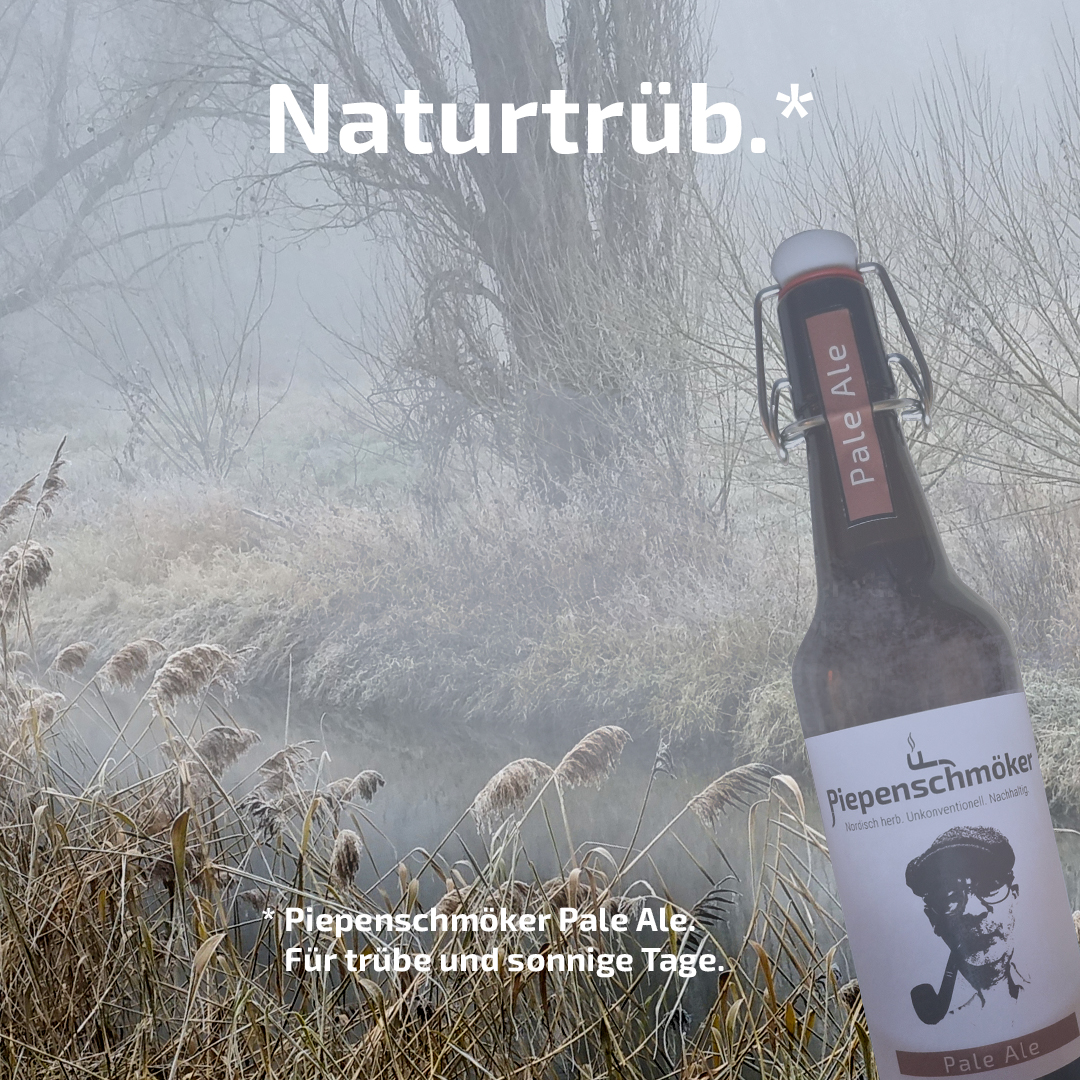 Instagram-Post Piepenschmöker zur Markteinführung: Man sieht eine vernebelte Landschaft mit einer Flasche Piepenschmöker Pale Ale. Headline: Naturtrüb.* Fußnote: Piepenschmöker Pale Ale. Für trübe und sonnige Tage.