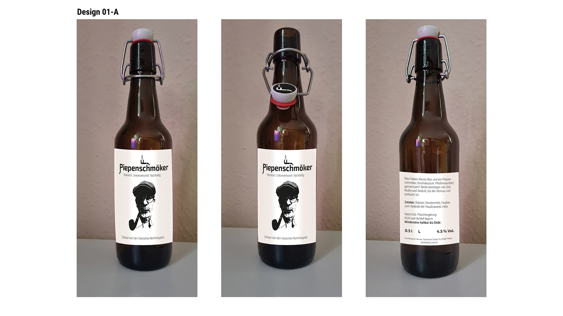 Ansicht des Flaschenetiketten-Designs 1A: Illustration des Piepenschmöker schwarz auf weißem Etikett.