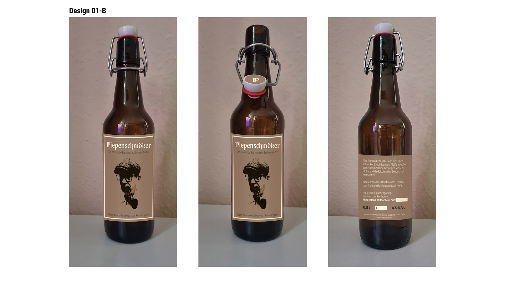 Ansicht des Flaschenetiketten-Designs 1B: Illustration des Piepenschmöker schwarz/weiß auf braunem Etikett.