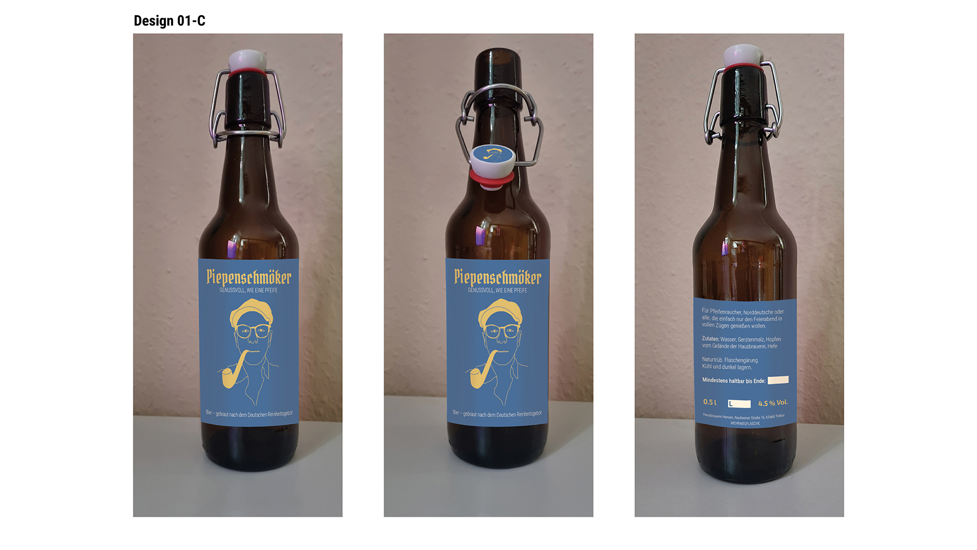 Ansicht des Flaschenetiketten-Designs 1C: Illustration des Piepenschmöker gelb auf blauem Etikett.