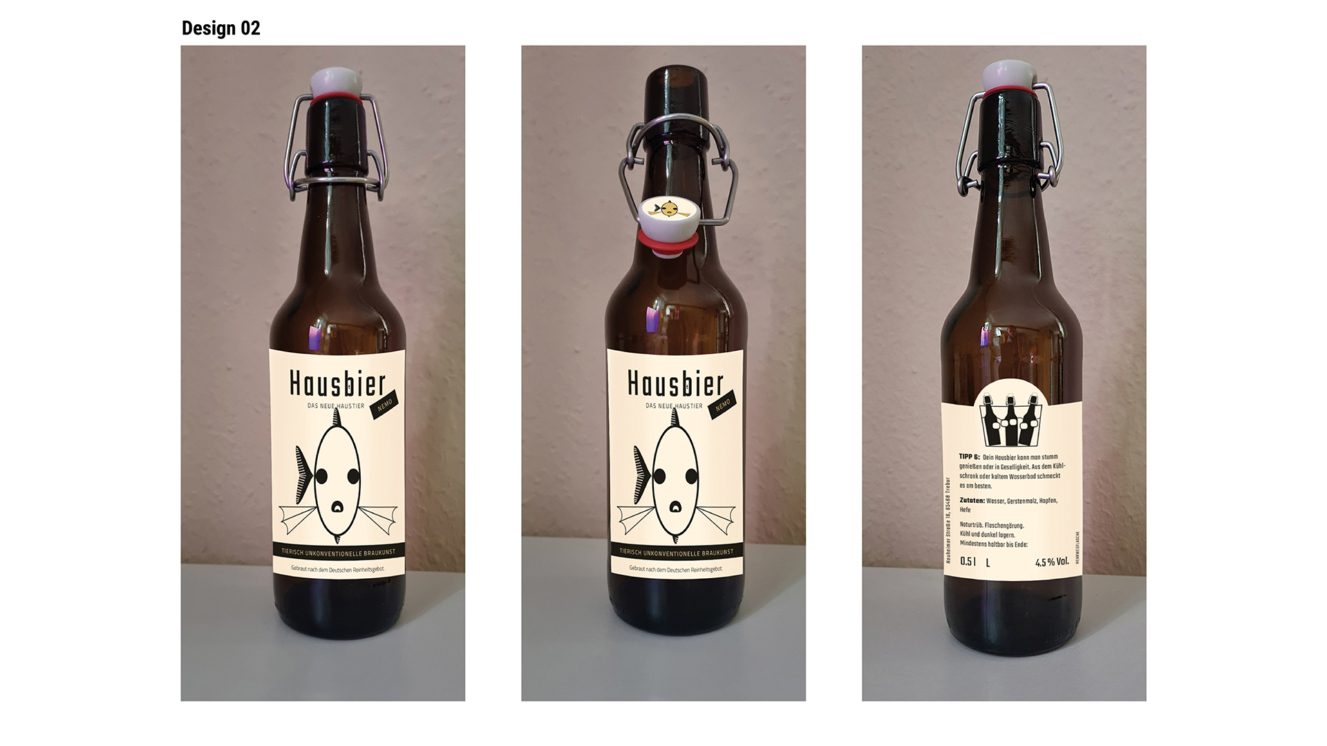 Ansicht des Flaschenetiketten-Designs 2: Hausbier Dein neues Haustier. Konterfei eines Fischs im Icon-Stil. Schwarz auf cremefarbenem Etikett.