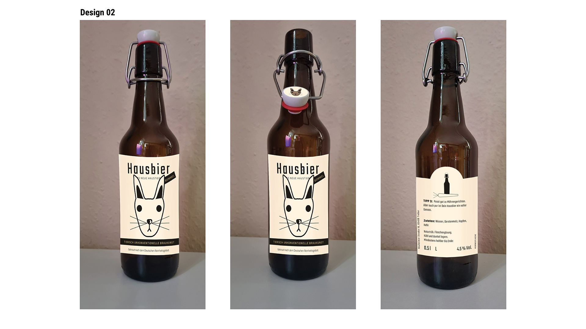 Ansicht des Flaschenetiketten-Designs 2: Hausbier Dein neues Haustier. Konterfei eines Hasens im Icon-Stil. Schwarz auf cremefarbenem Etikett.
