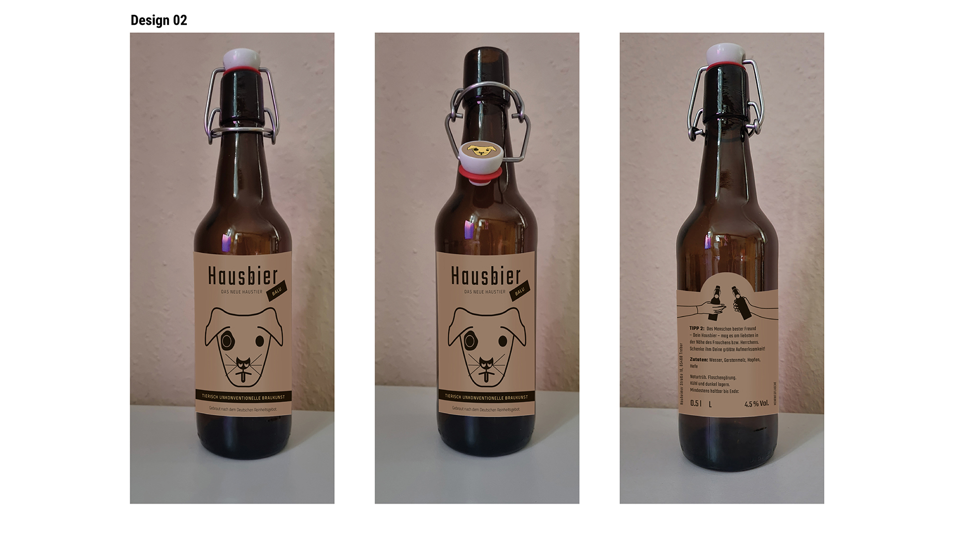 Ansicht des Flaschenetiketten-Designs 2: Hausbier Dein neues Haustier. Konterfei eines Hundes im Icon-Stil. Schwarz auf braunem Etikett.