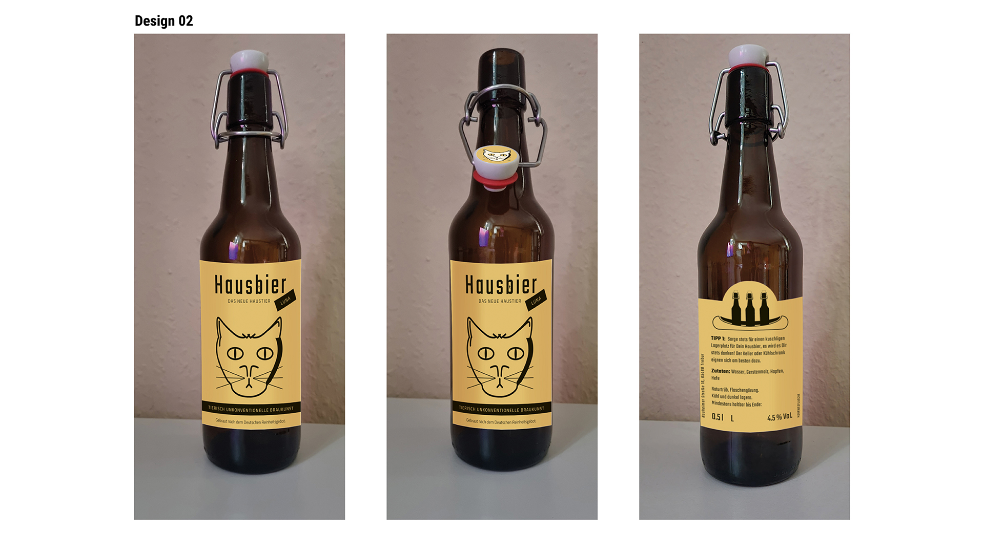 Ansicht des Flaschenetiketten-Designs 2: Hausbier Dein neues Haustier. Konterfei einer Katze im Icon-Stil. Schwarz auf gelbem Etikett.