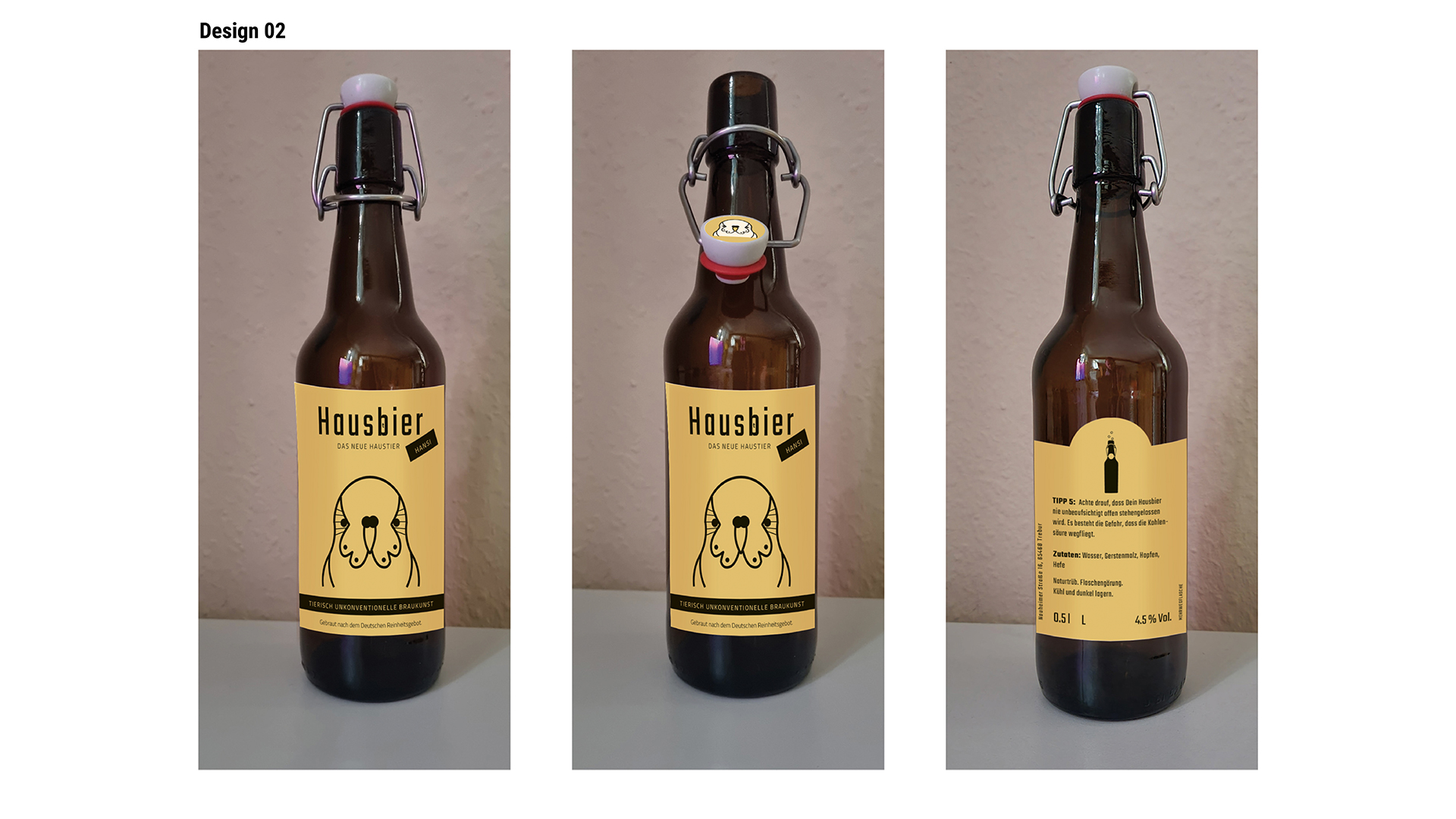 Ansicht des Flaschenetiketten-Designs 2: Hausbier Dein neues Haustier. Konterfei eines Wellensittichs im Icon-Stil. Schwarz auf gelbem Etikett.