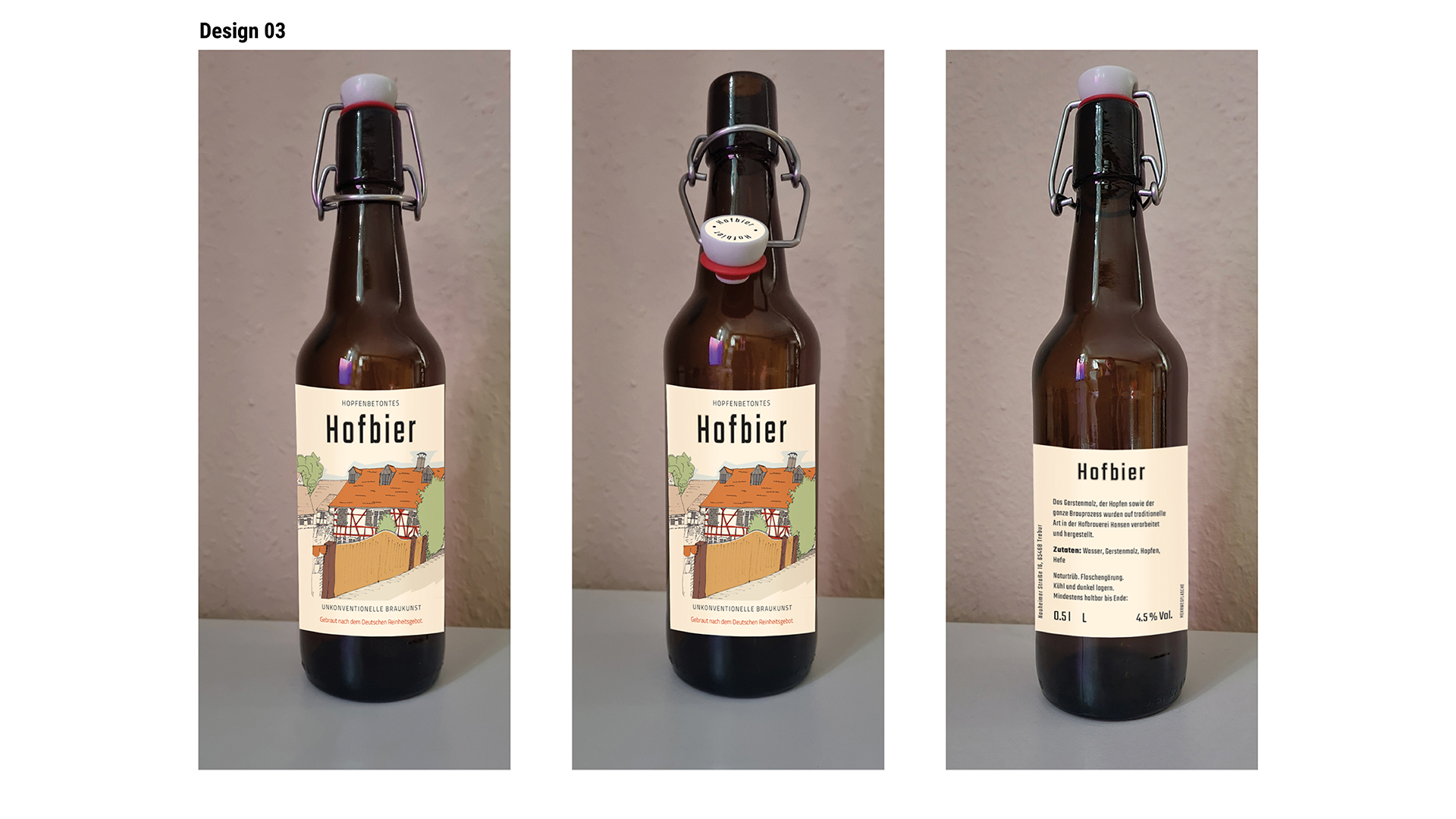 Ansicht des Flaschenetiketten-Designs 3: Illustration der Hausbrauerei auf cremefarbenem Etikett. Hofbier so der Name des Bieres