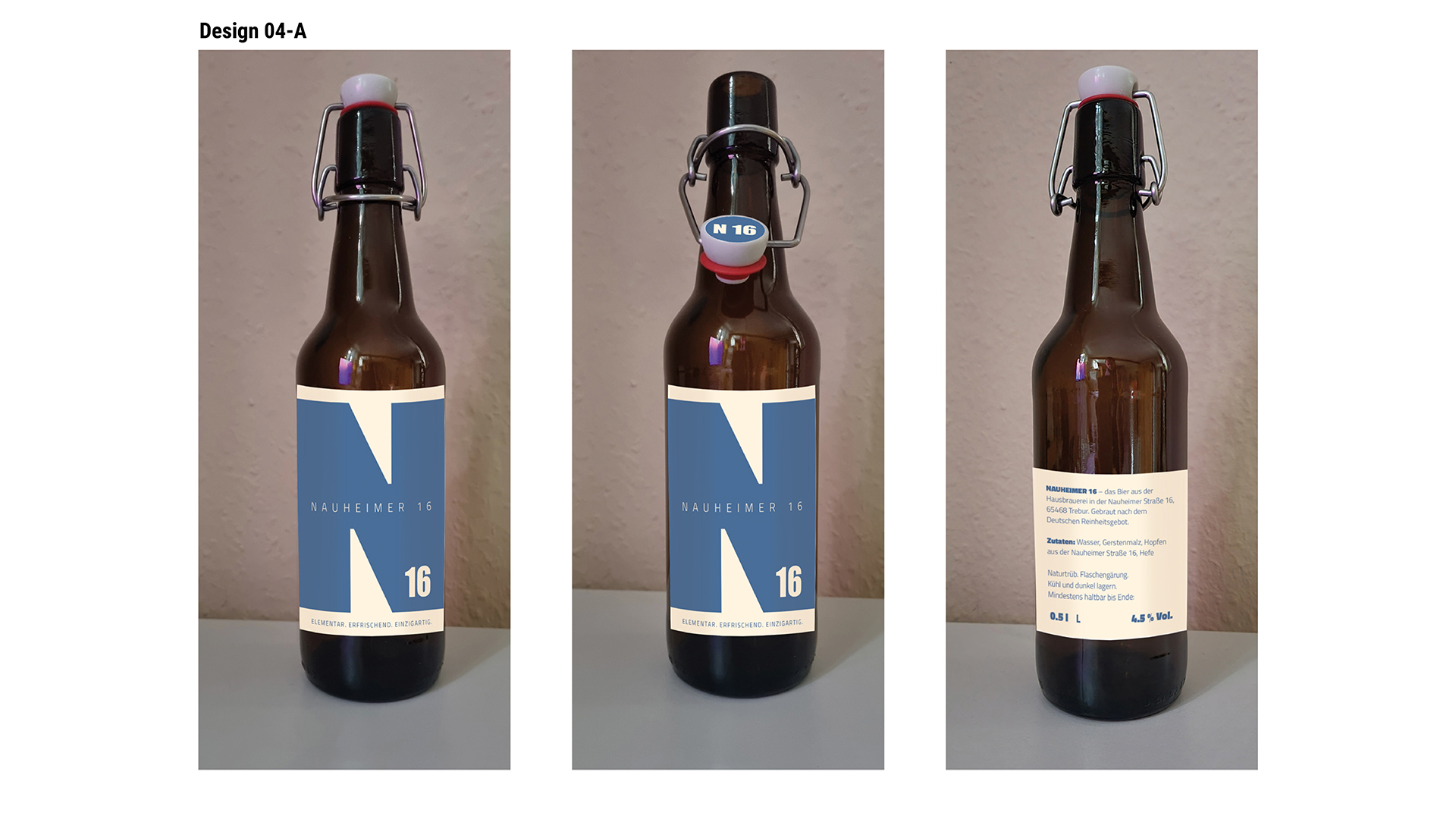 Ansicht des Flaschenetiketten-Designs 4A: N16 bzw. Nauheimer 16. Blaues N 16 auf cremefarbenem Etikett.