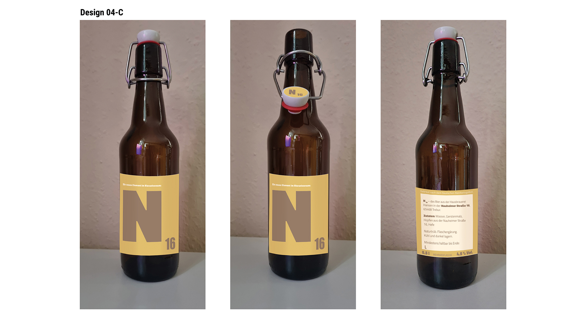 Ansicht des Flaschenetiketten-Designs 4c: N16 bzw. Nauheimer 16. Braunes N 16 auf gelbem Etikett.