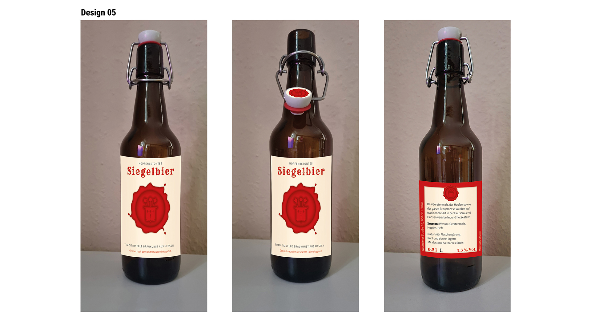 Ansicht des Flaschenetiketten-Designs 5: Siegelbier.Rotes Siegel des Familienwappens auf cremefarbenem Etikett.