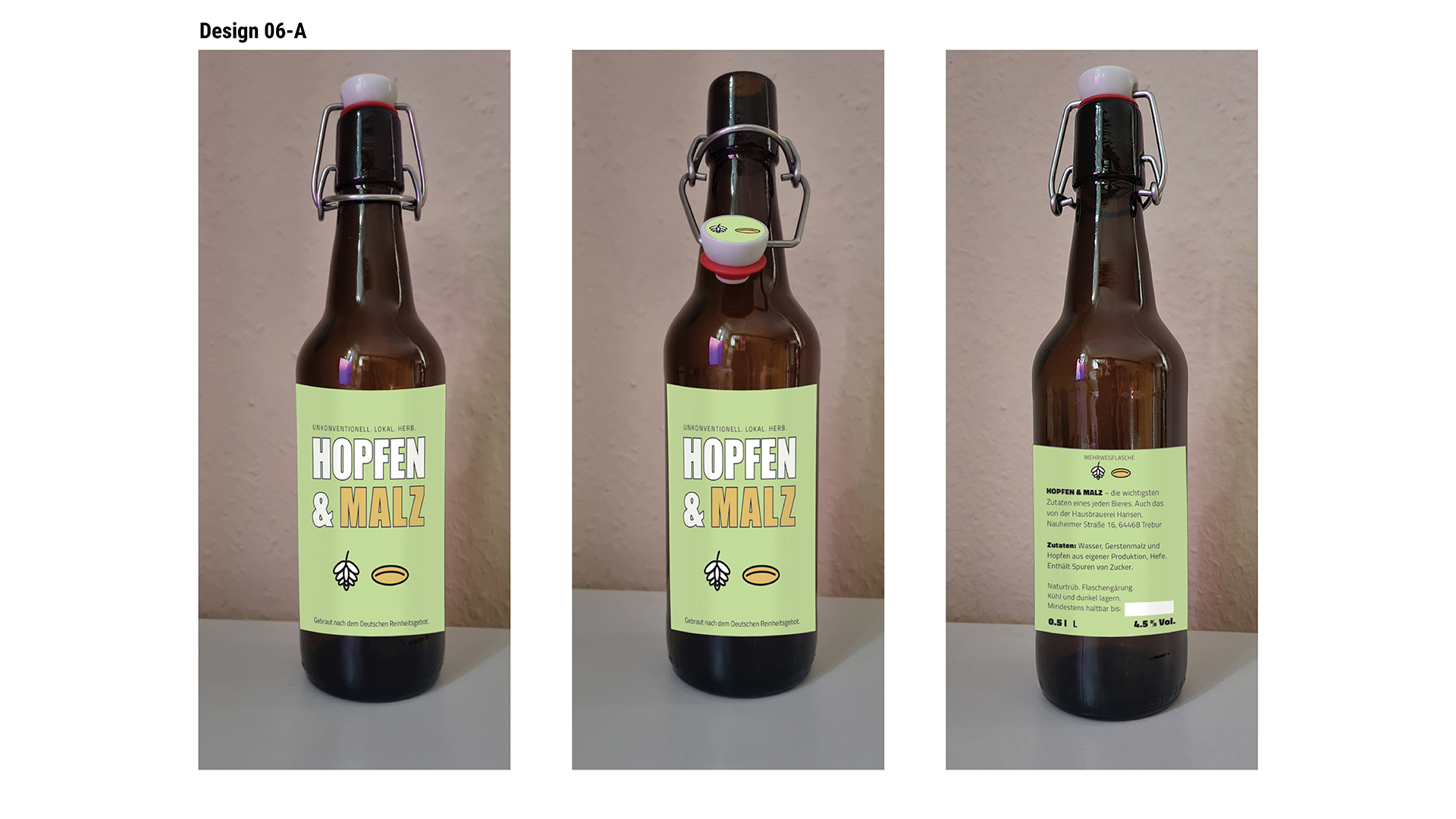 Ansicht des Flaschenetiketten-Designs 6A: Hopfen und Malz. Grünes Etikett.