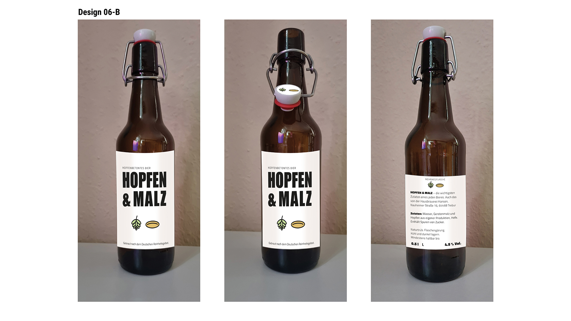 Ansicht des Flaschenetiketten-Designs 6B: Hopfen und Malz. Weißes Etikett.